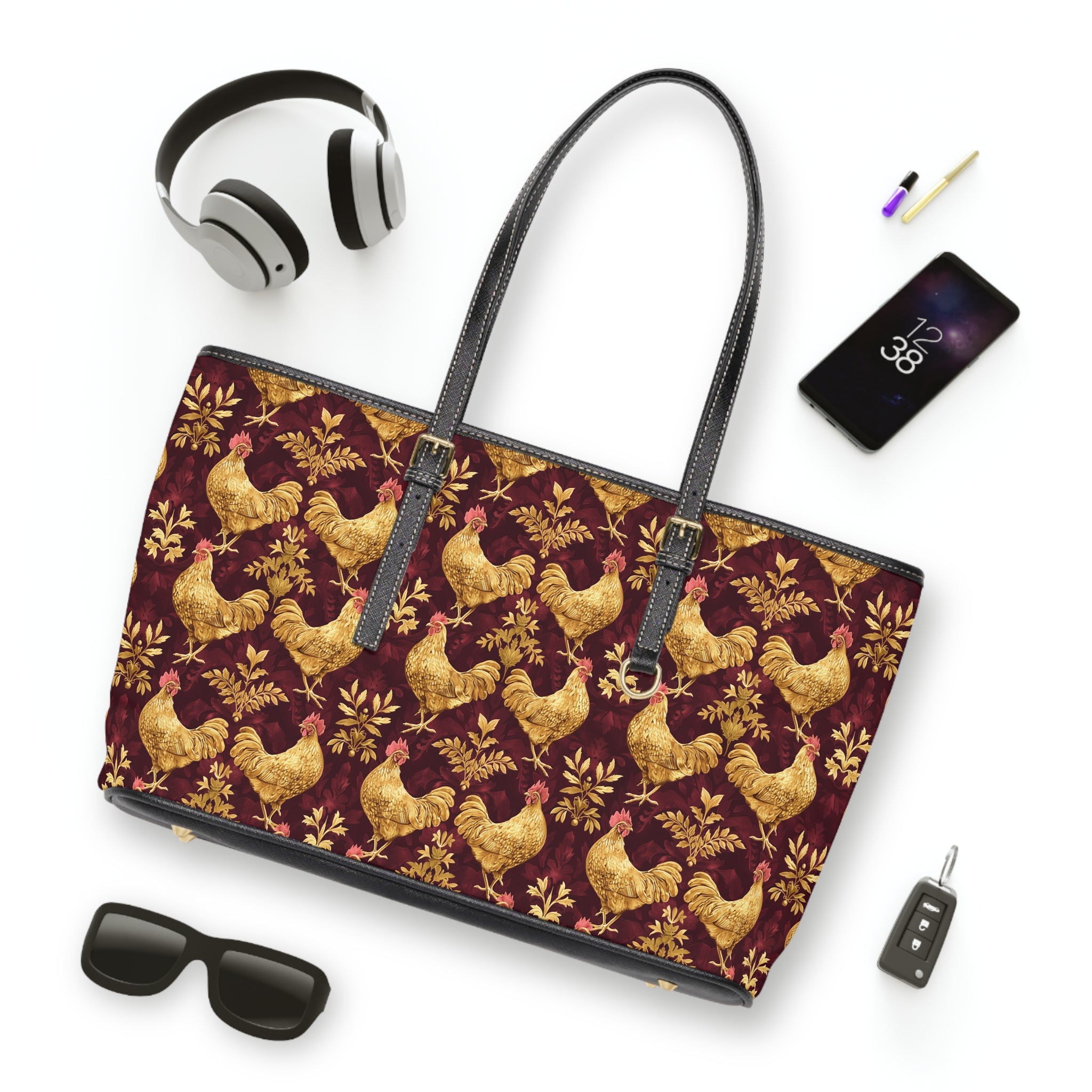 Burgundy & Gold Chicken Print Leather Shoulder Bag – Farmhouse Chicken Tote, Cute Hen Pattern Purse, Farm Life Handbag, Backyard Chicken Lover Bag