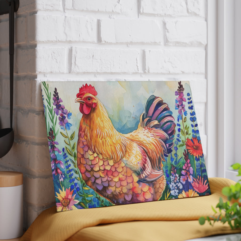 Watercolor Floral Chicken Cutting Board – Farmhouse Glass Kitchen Board for Chicken Lovers