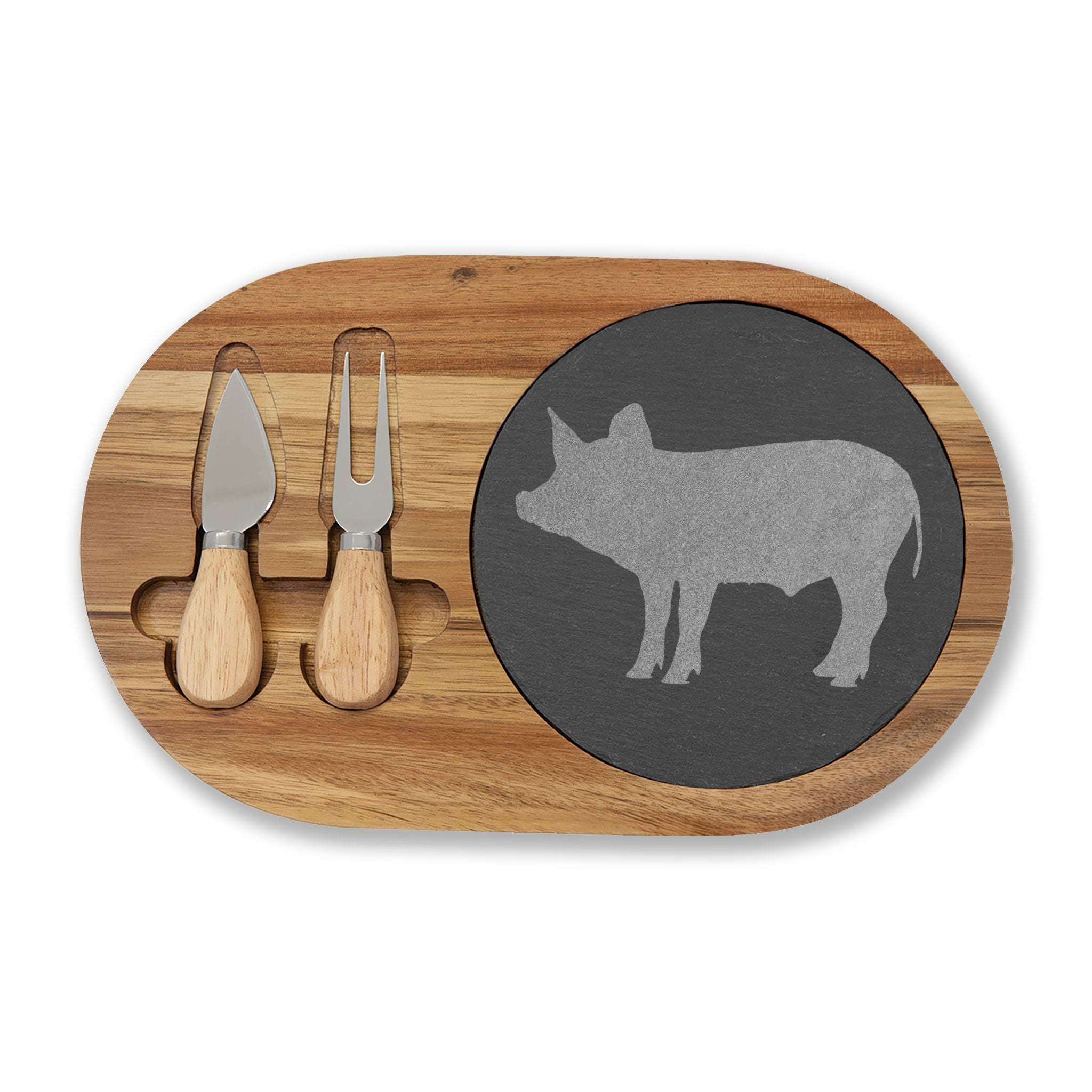 Piglet Engraved Charcuterie Board Set | Farmhouse Slate Cheese Board with Knives | Rustic Farm Kitchen Serving Board | Homestead Pig Lover Gift
