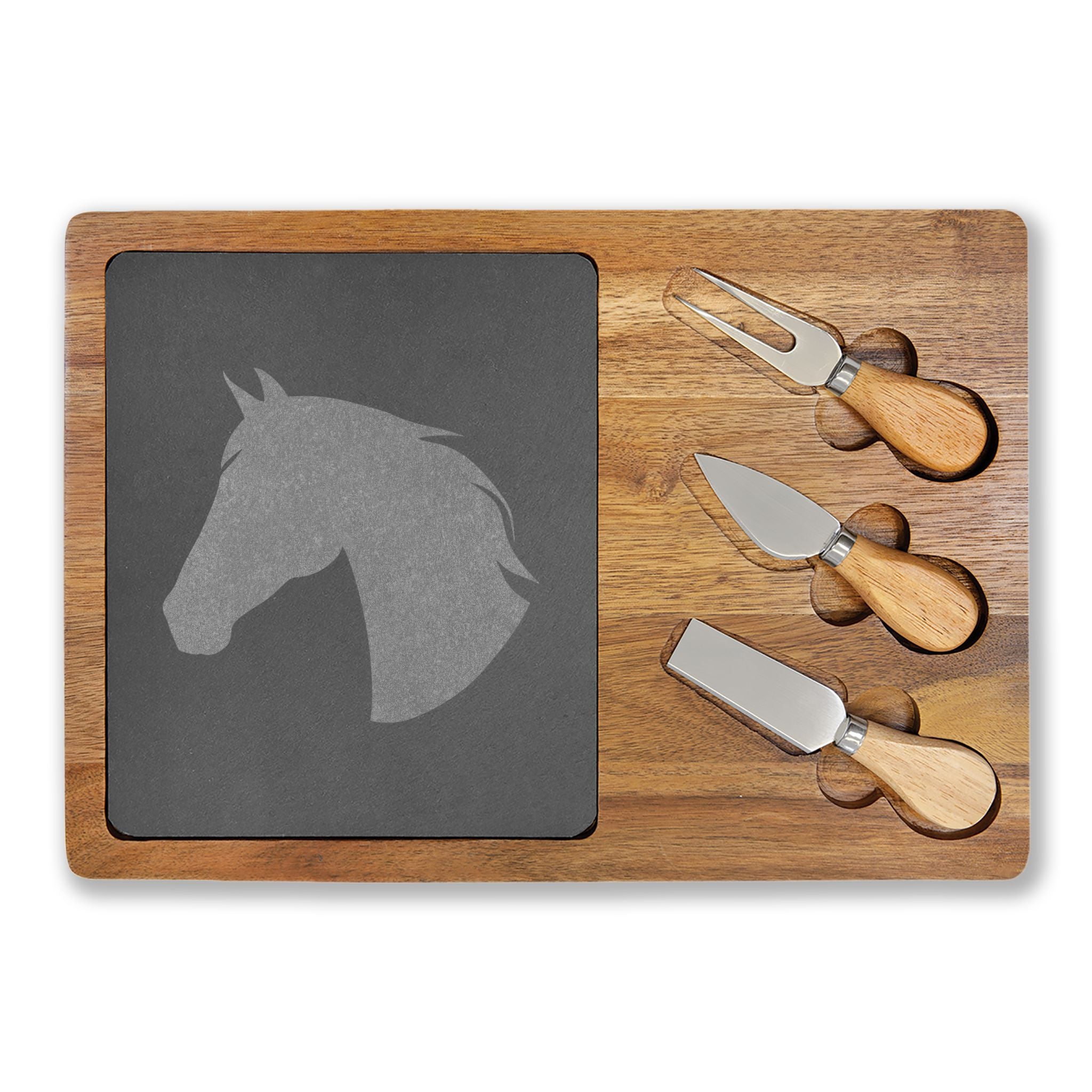Horse Engraved Charcuterie Board Set | Slate Cheese Board with Knives | Farmhouse Equestrian Serving Board | Rustic Ranch Kitchen Gift