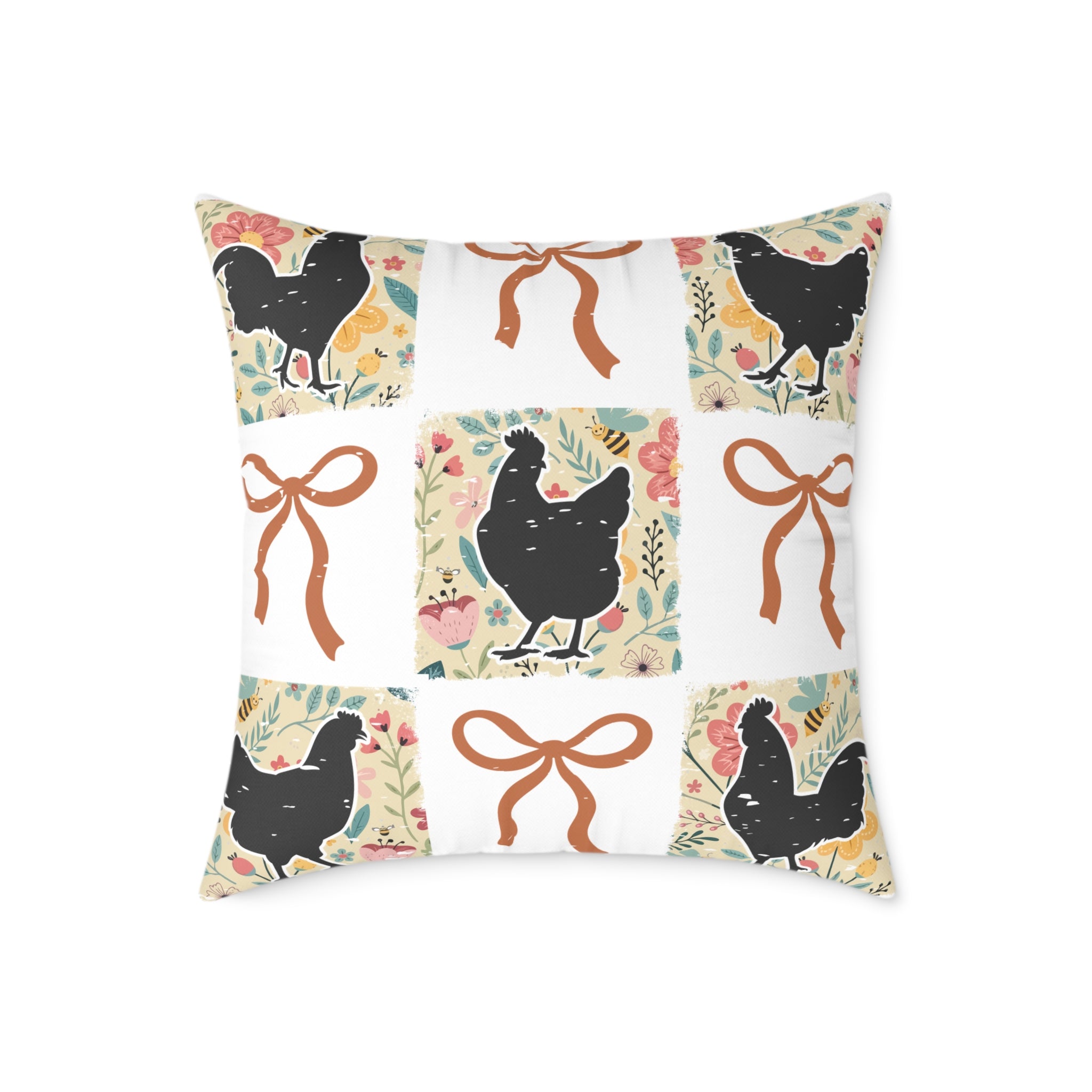 Cottagecore Chicken Patchwork Throw Pillow – Farmhouse Chicken & Bow Decor Cushion, Cozy Country Homestead Accent Pillow