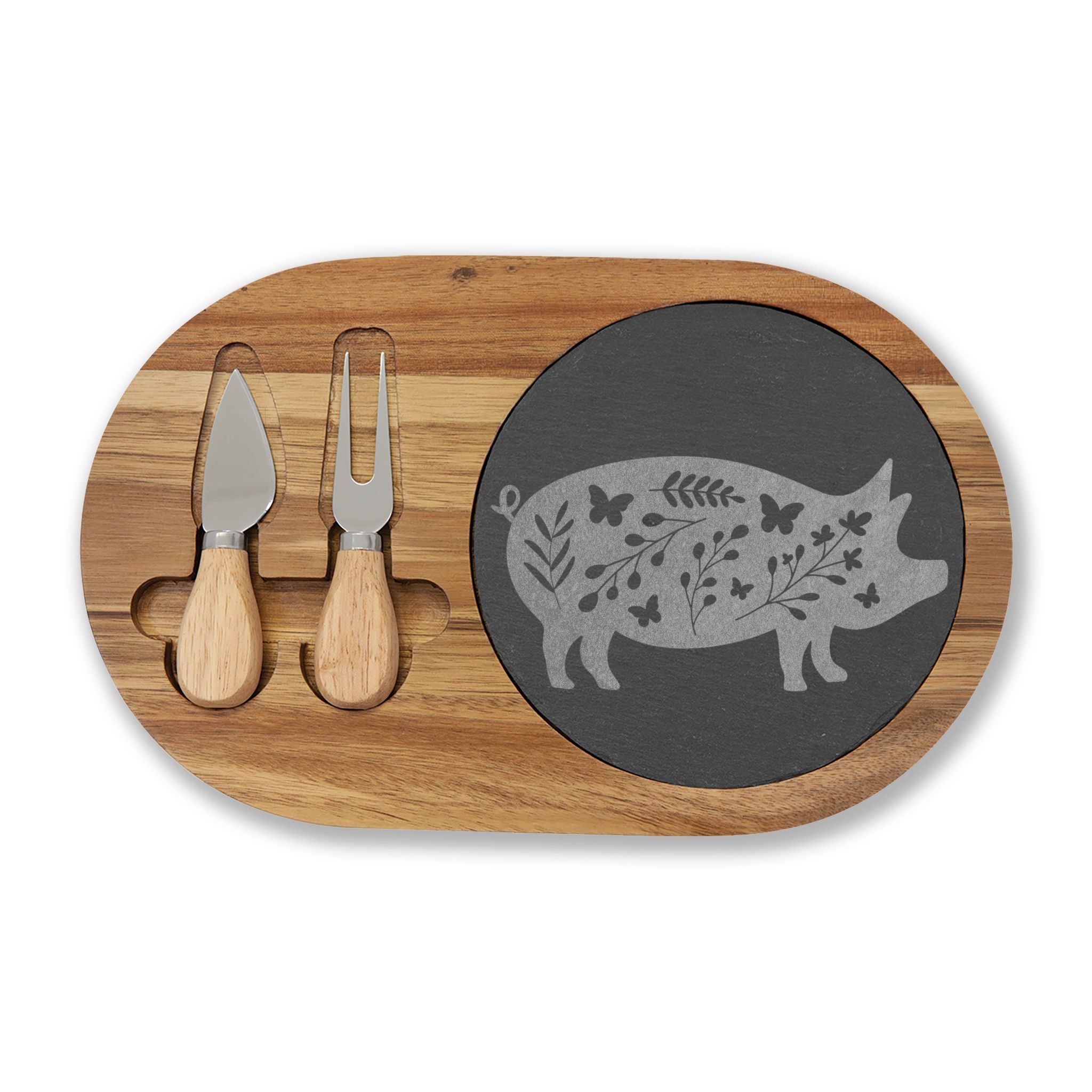 Floral Pig Engraved Charcuterie Board Set | Farmhouse Slate Cheese Board with Knives | Rustic Farm Kitchen Serving Board | Homestead Pig Lover Gift