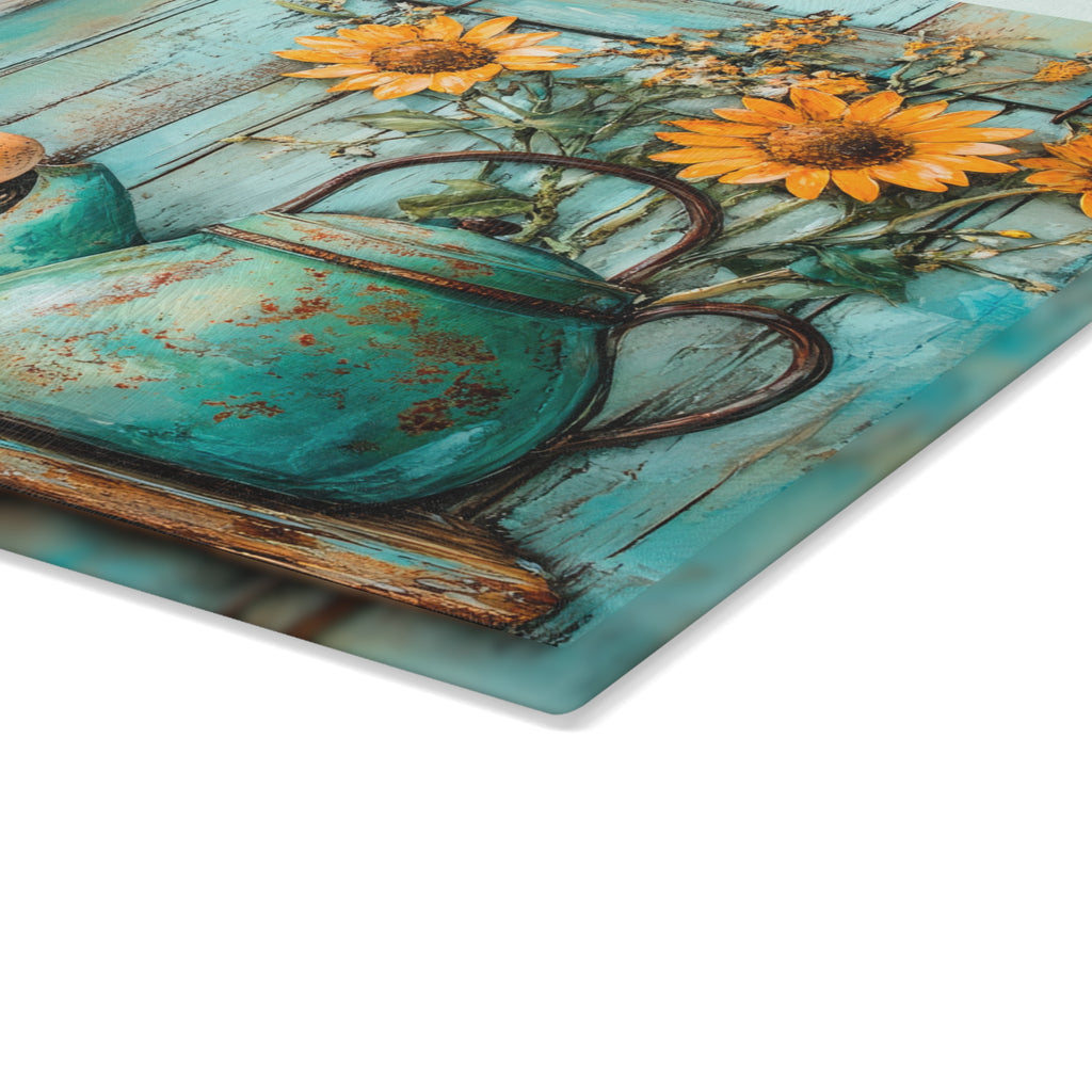 White Rooster Glass Cutting Board | Rustic Farmhouse Chicken Kitchen Decor | Sunflower Tempered Glass Cutting Board | Gumpert Homestead