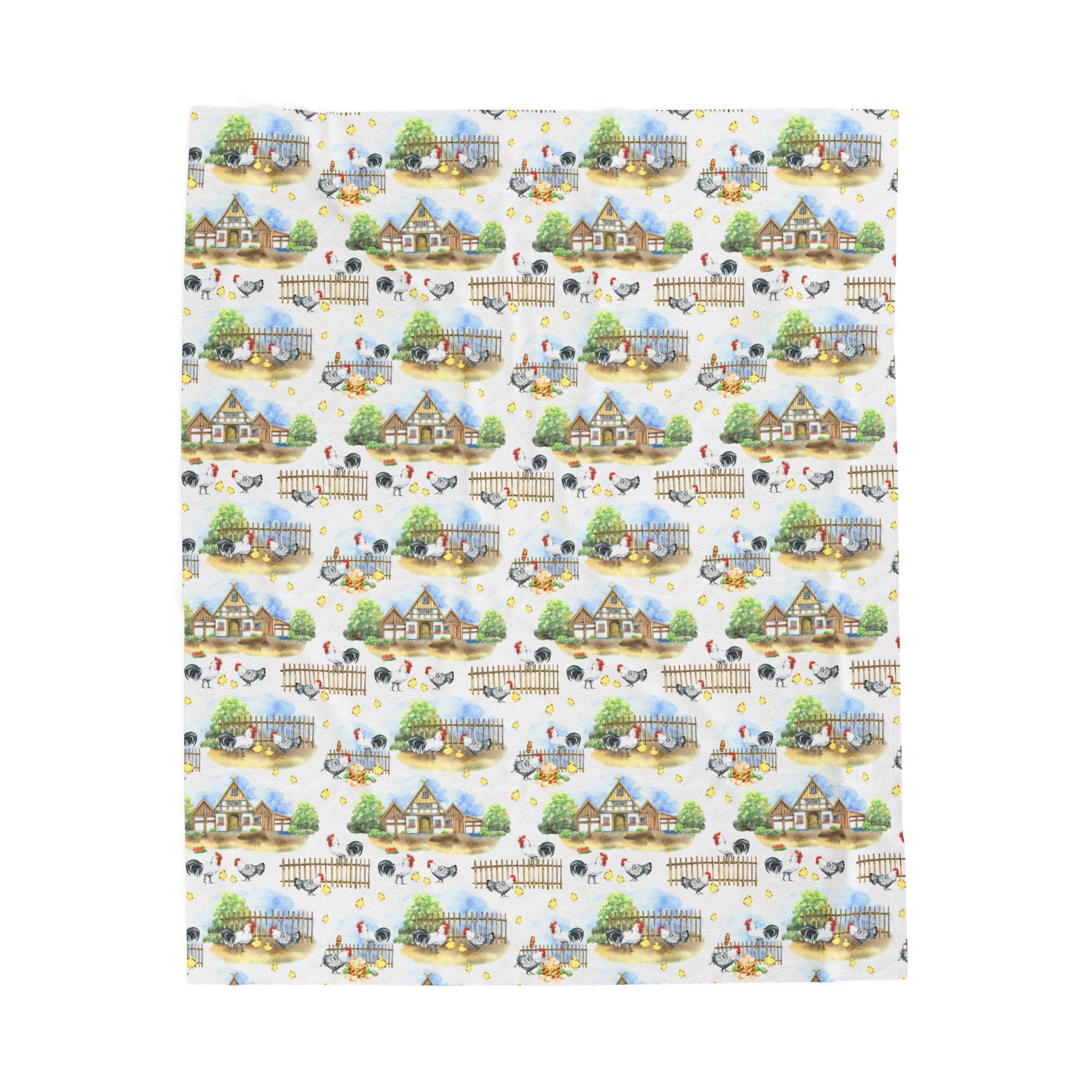 Farm Scene Velveteen Plush Blanket – Cozy Cottagecore Village Throw, Country Homestead Farmhouse Home Decor