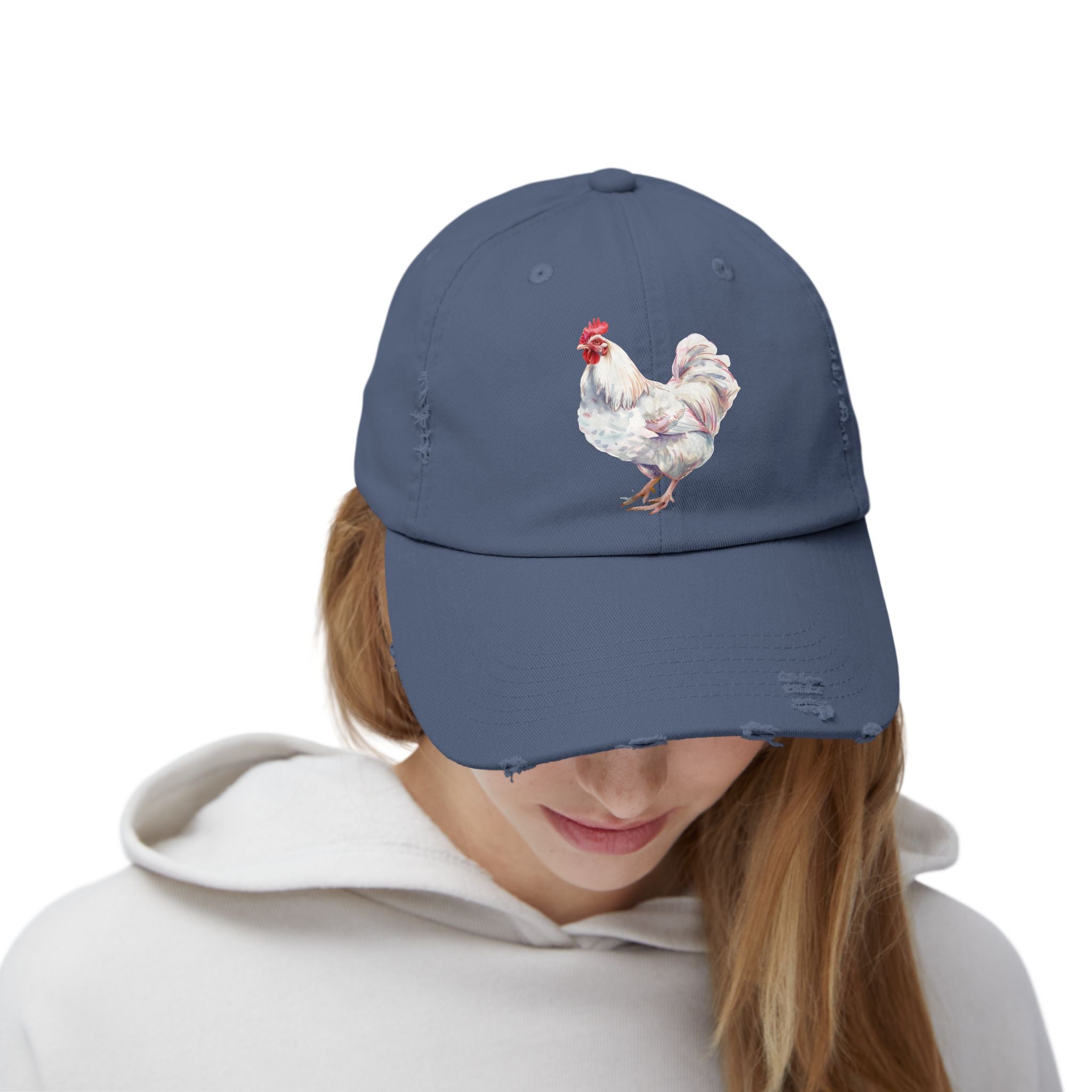 White Rooster Distressed Baseball Cap – Vintage Chicken Hat, Leghorn-Style Rooster, Farmhouse Poultry Cap, Backyard Chicken Keeper Gift