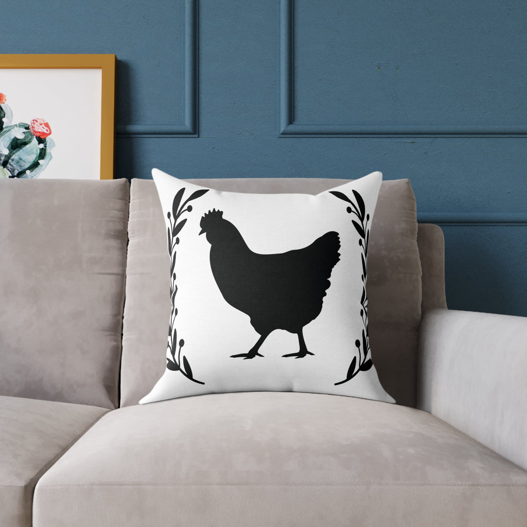 Farmhouse Chicken Silhouette Throw Pillow – Rustic Chicken Decor Cushion, Neutral Country Homestead Accent Pillow