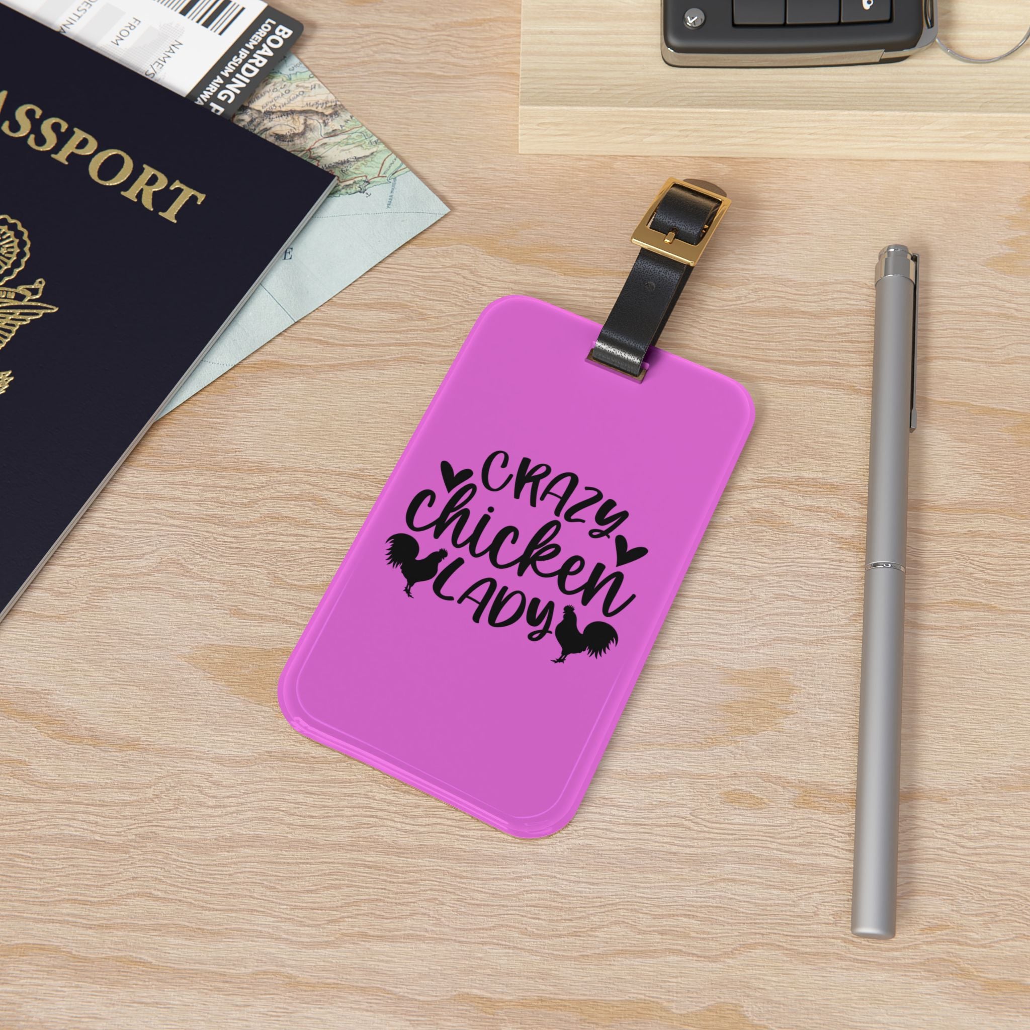 Pink Crazy Chicken Lady Luggage Tag | Funny Chicken Travel Tag | Farm Girl Suitcase Identifier | Chicken Lover Travel Accessory | Gumpert Homestead