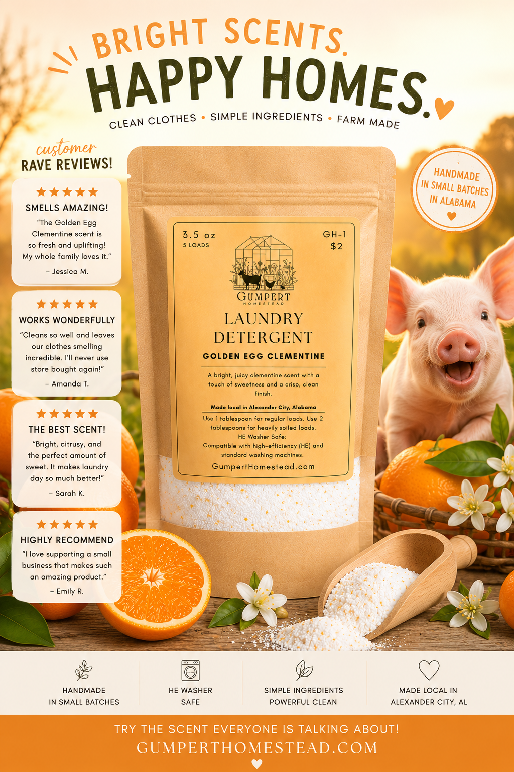 Golden Egg Clementine Handmade Laundry Detergent | Citrus Scent Laundry Powder HE Washer Safe | Available in 3 Sizes
