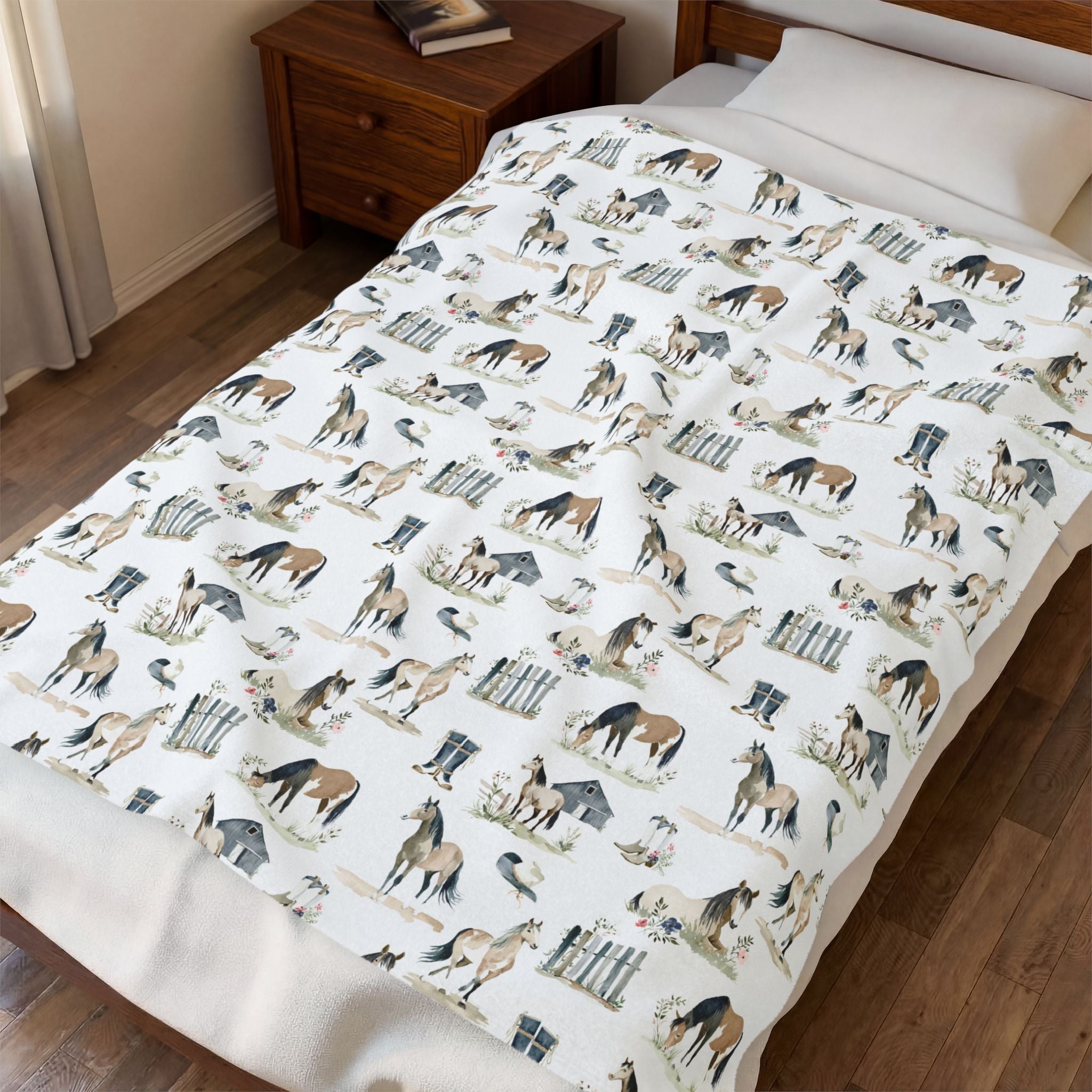 Western Farm Animal Plush Blanket | Horse & Homestead Print Throw Blanket | Cottagecore Farmhouse Decor | Cozy Rustic Animal Lover Blanket | Gumpert Homestead