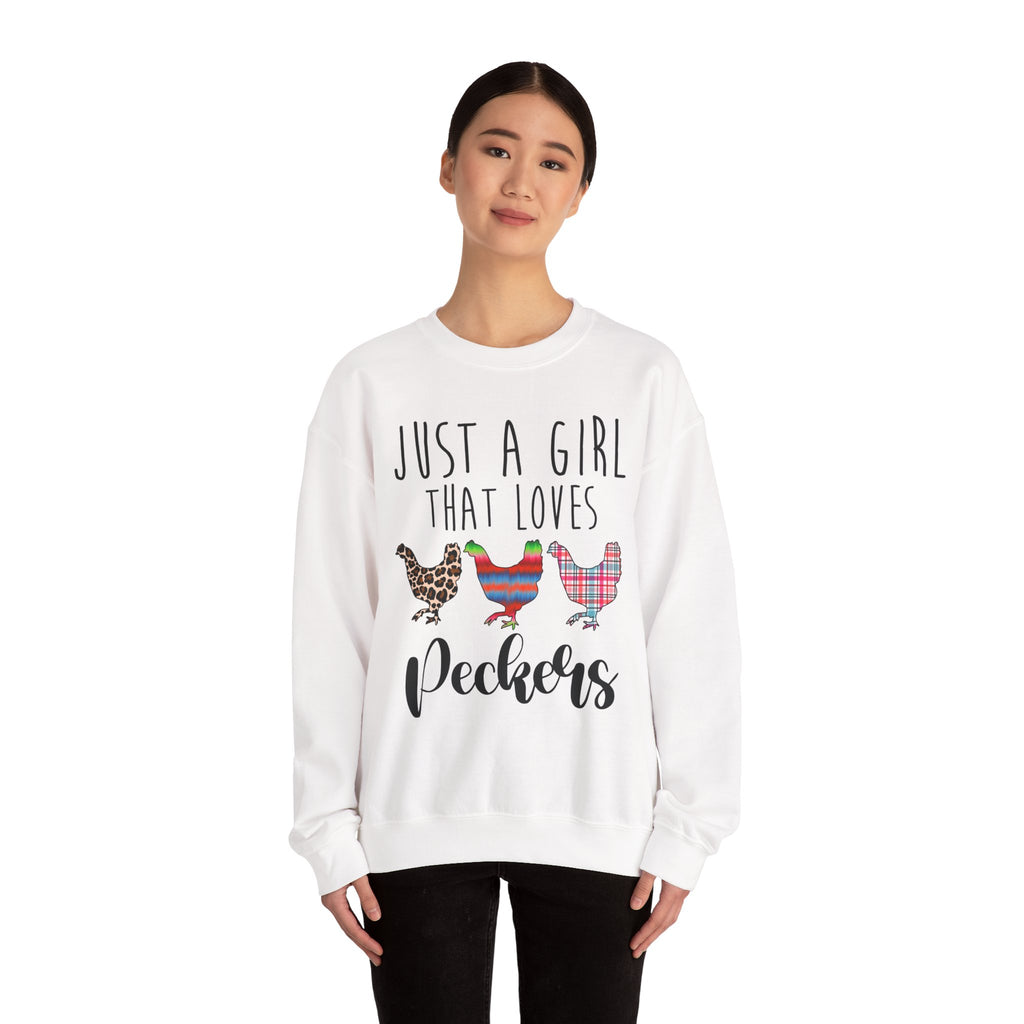 Just a Girl That Loves Peckers Sweatshirt – Funny Chicken Crewneck, Farmhouse Homestead Chicken Mom Pullover