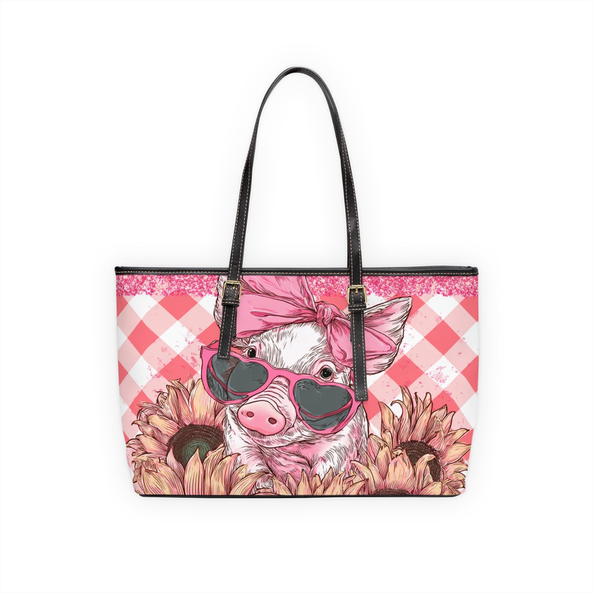 Funny Pig Shoulder Bag | Farmhouse Sunflower Tote Purse | Cute Pig Handbag | Cottagecore Farm Animal Bag | Homestead Market Tote PU Leather