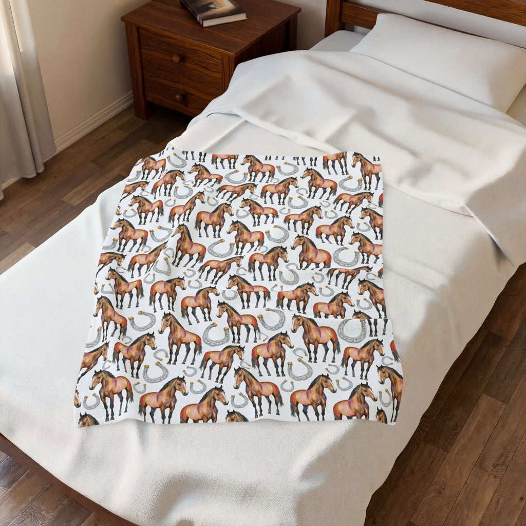 Western Horse Plush Blanket | Horse & Horseshoe Throw | Farmhouse Western Decor | Cozy Ranch Style Blanket | Horse Lover Gift | Gumpert Homestead