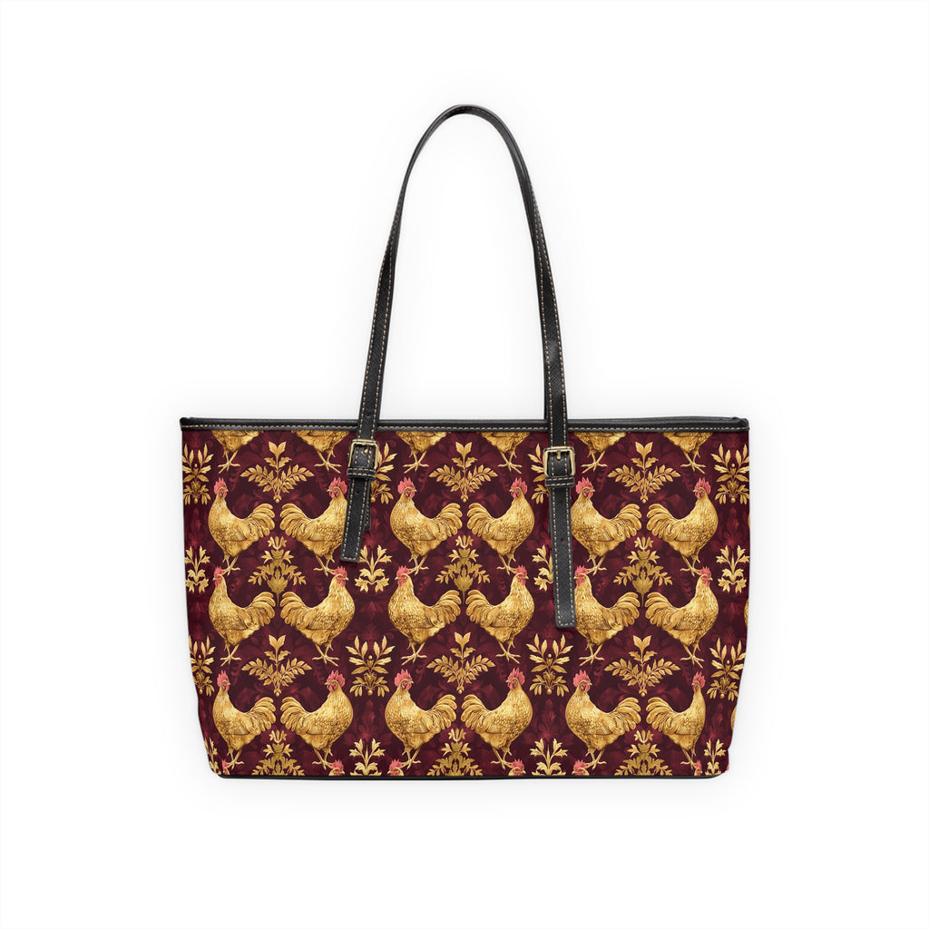 Burgundy & Gold Chicken Print Leather Shoulder Bag – Farmhouse Chicken Tote, Cute Hen Pattern Purse, Farm Life Handbag, Backyard Chicken Lover Bag
