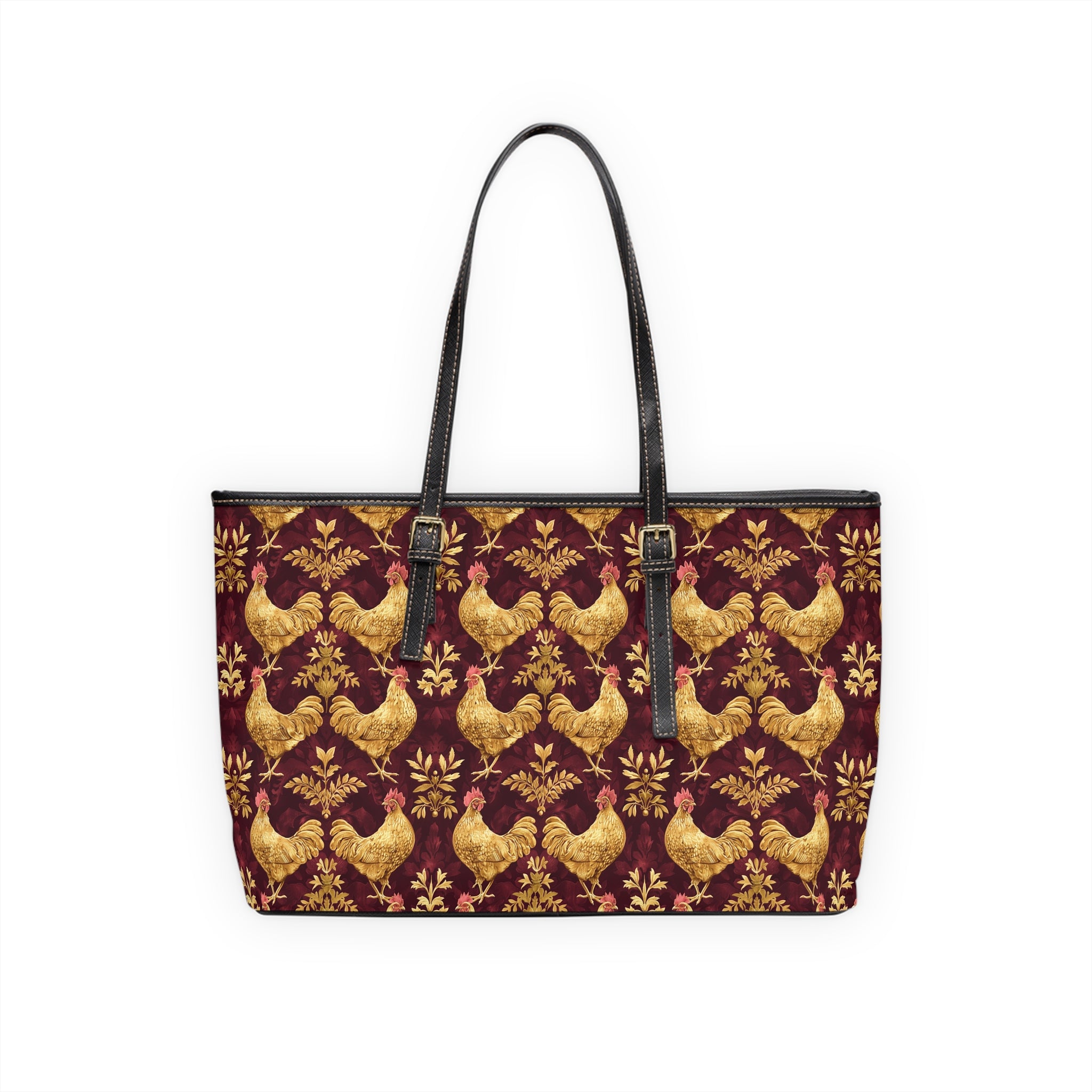 Burgundy & Gold Chicken Print Leather Shoulder Bag – Farmhouse Chicken Tote, Cute Hen Pattern Purse, Farm Life Handbag, Backyard Chicken Lover Bag