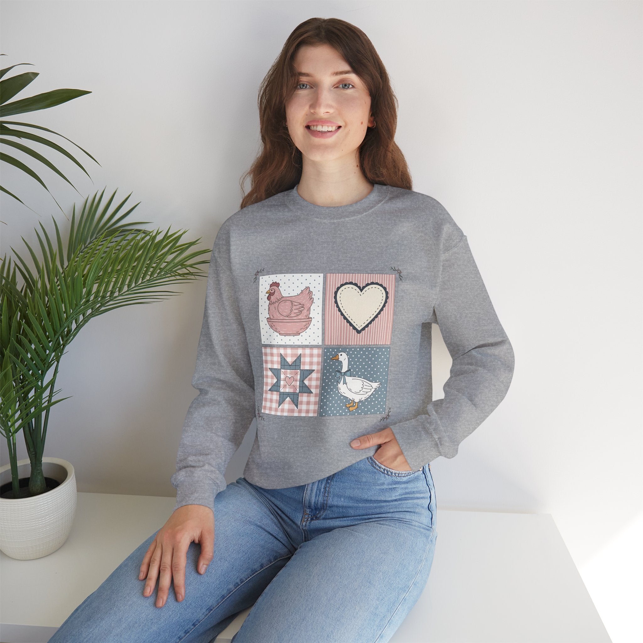 Cottagecore Chicken Patchwork Sweatshirt – Farmhouse Chicken & Goose Crewneck, Cozy Country Homestead Pullover