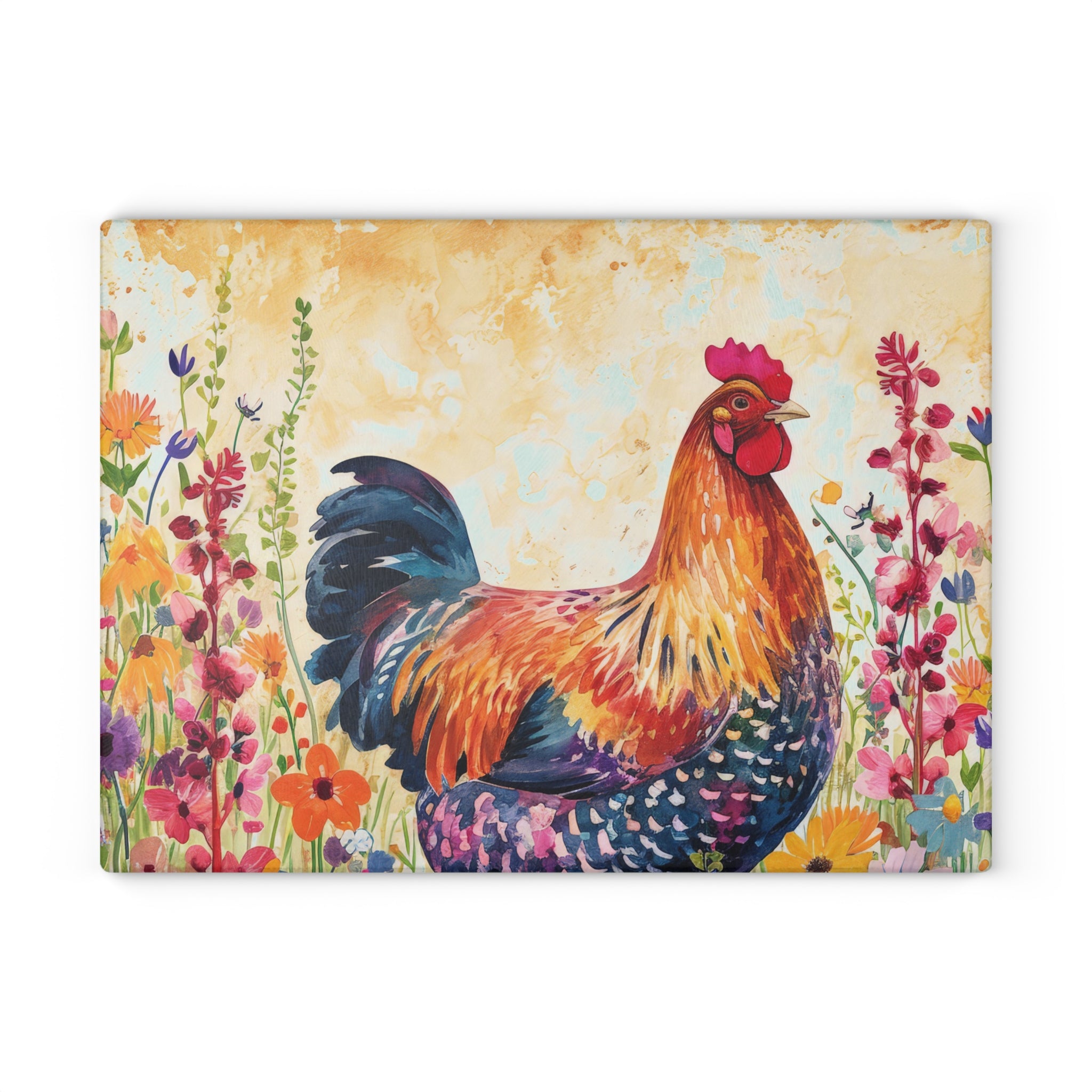 Vintage0 Floral Chicken Glass Cutting Board – Farmhouse Kitchen Decor, Colorful Chicken Counter Protector, Homestead Gift
