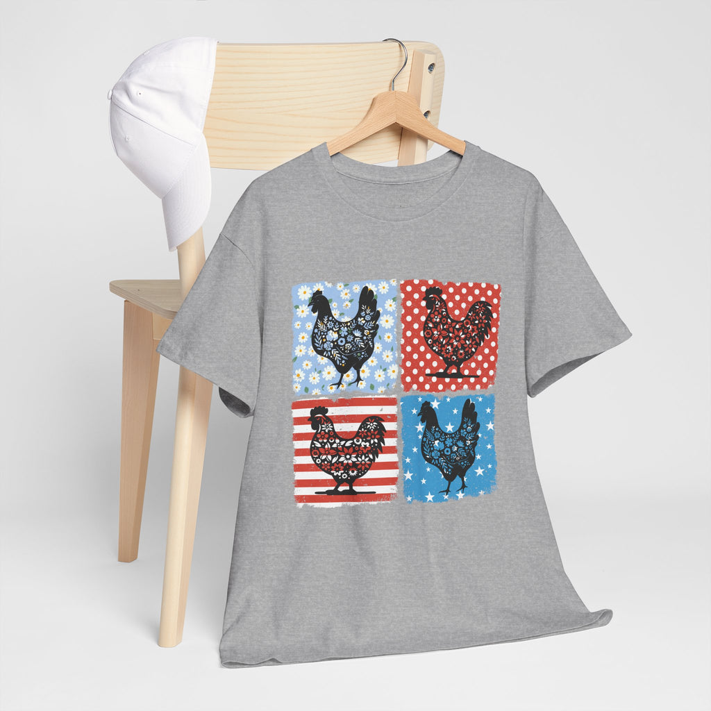 Patchwork Chicken Farm T-Shirt | Farmhouse Hen Graphic Tee | Patriotic Chicken Shirt | Country Homestead Apparel | Backyard Chicken Lover Gift