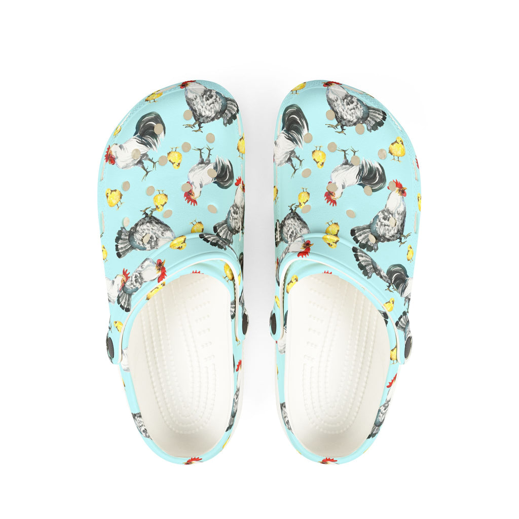 Chicken Print EVA Clogs – Farm Life Chicken Shoes, Backyard Chicken Slip-On, Homestead Comfort Clogs