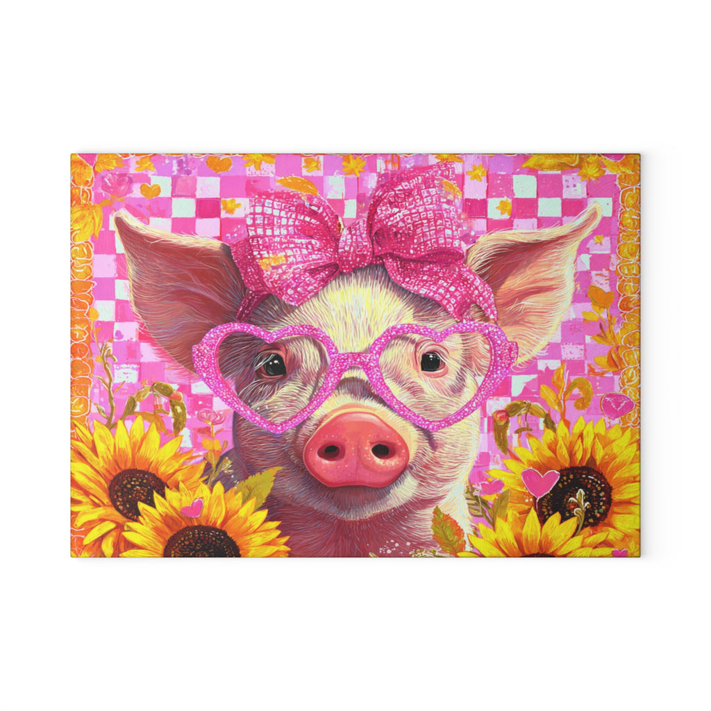 Cute Pink Floral Pig Glass Cutting Board – Farmhouse Sunflower Pig Kitchen Decor, Country Farm Animal Cutting Board, Rustic Homestead Gift