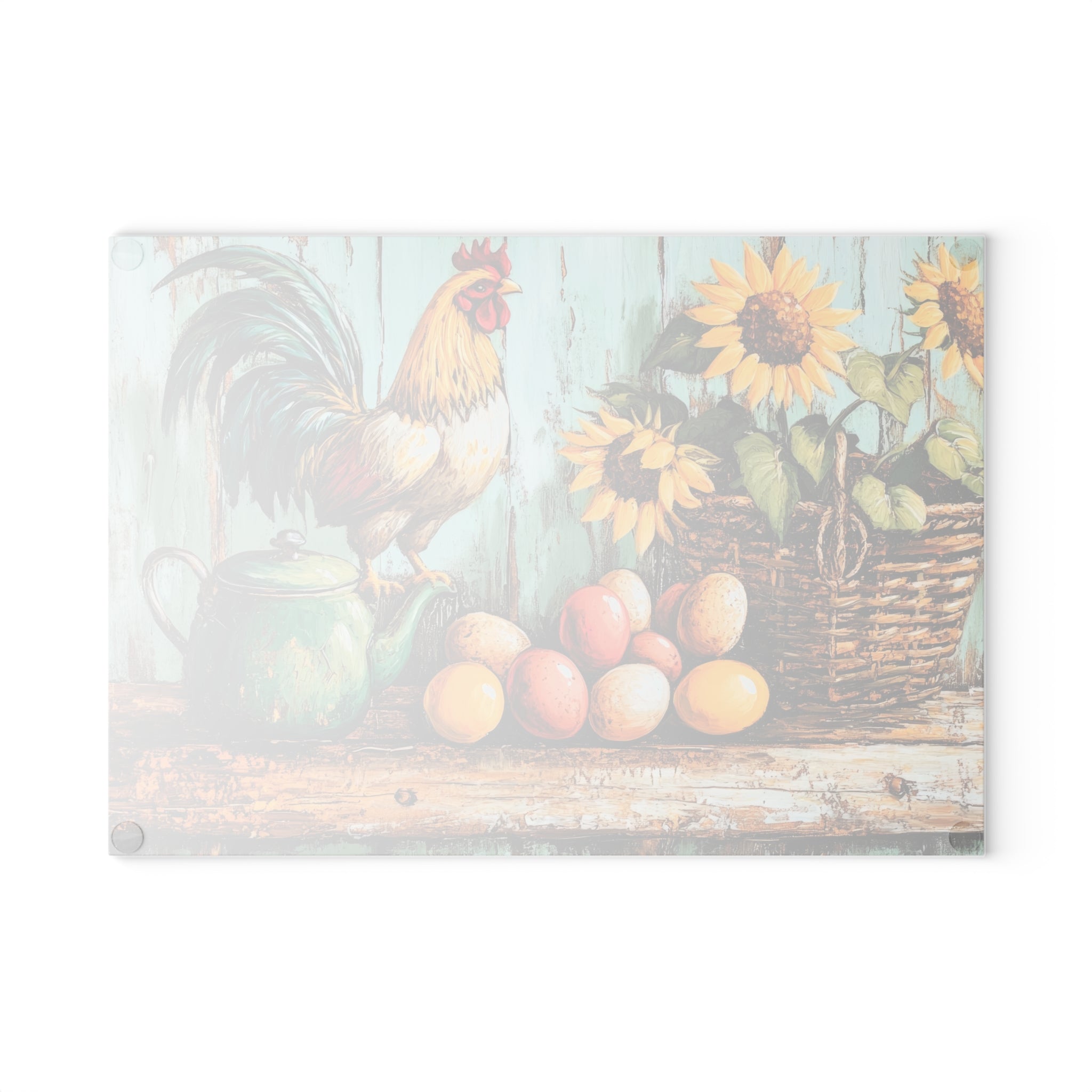 Farmhouse Rooster Glass Cutting Board | Rustic Chicken Kitchen Decor | Sunflower & Egg Tempered Glass Cutting Board | Gumpert Homestead