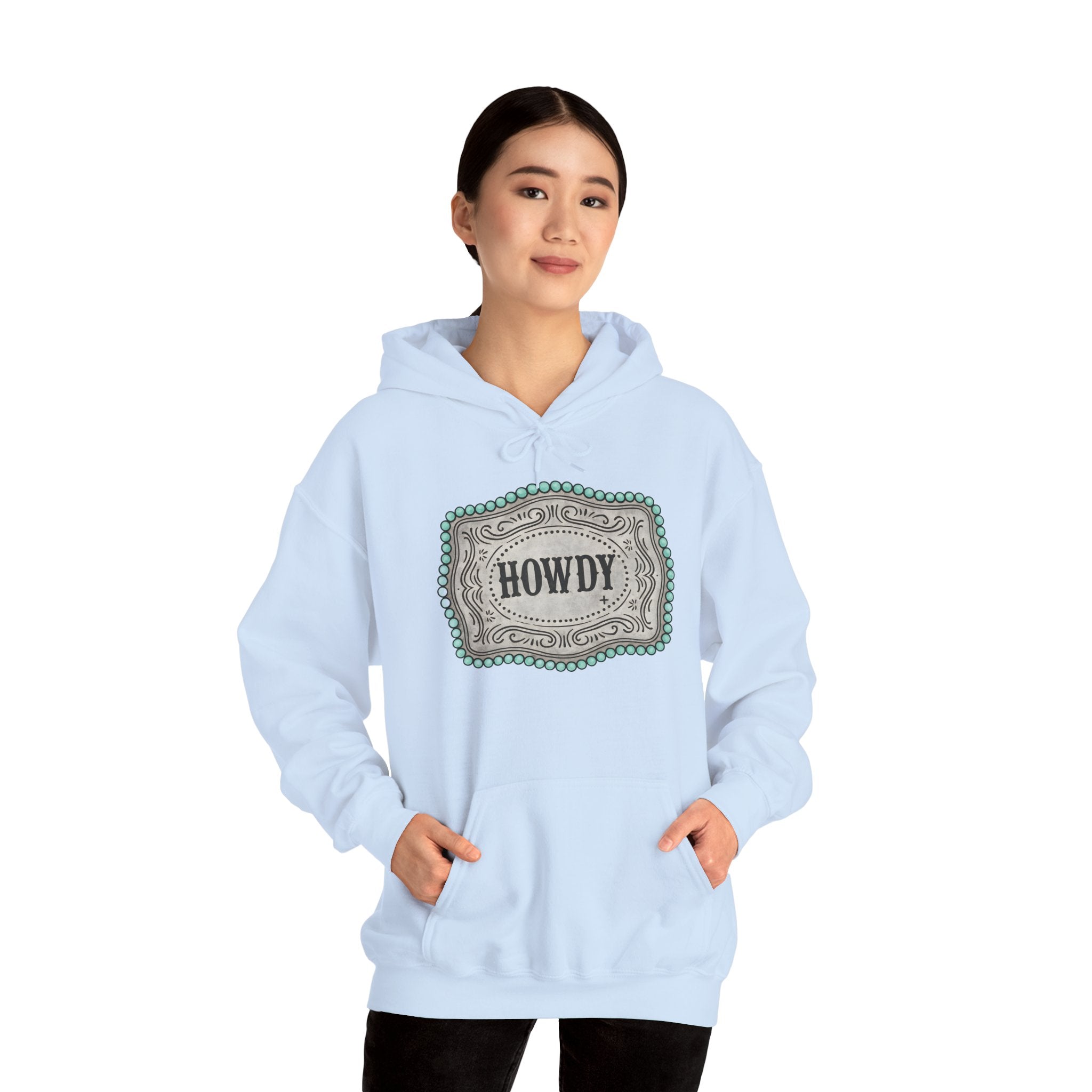 Howdy Turquoise Beaded Rodeo Belt Buckle Hoodie – Unisex Farmhouse Western Sweatshirt | Country Homestead Apparel
