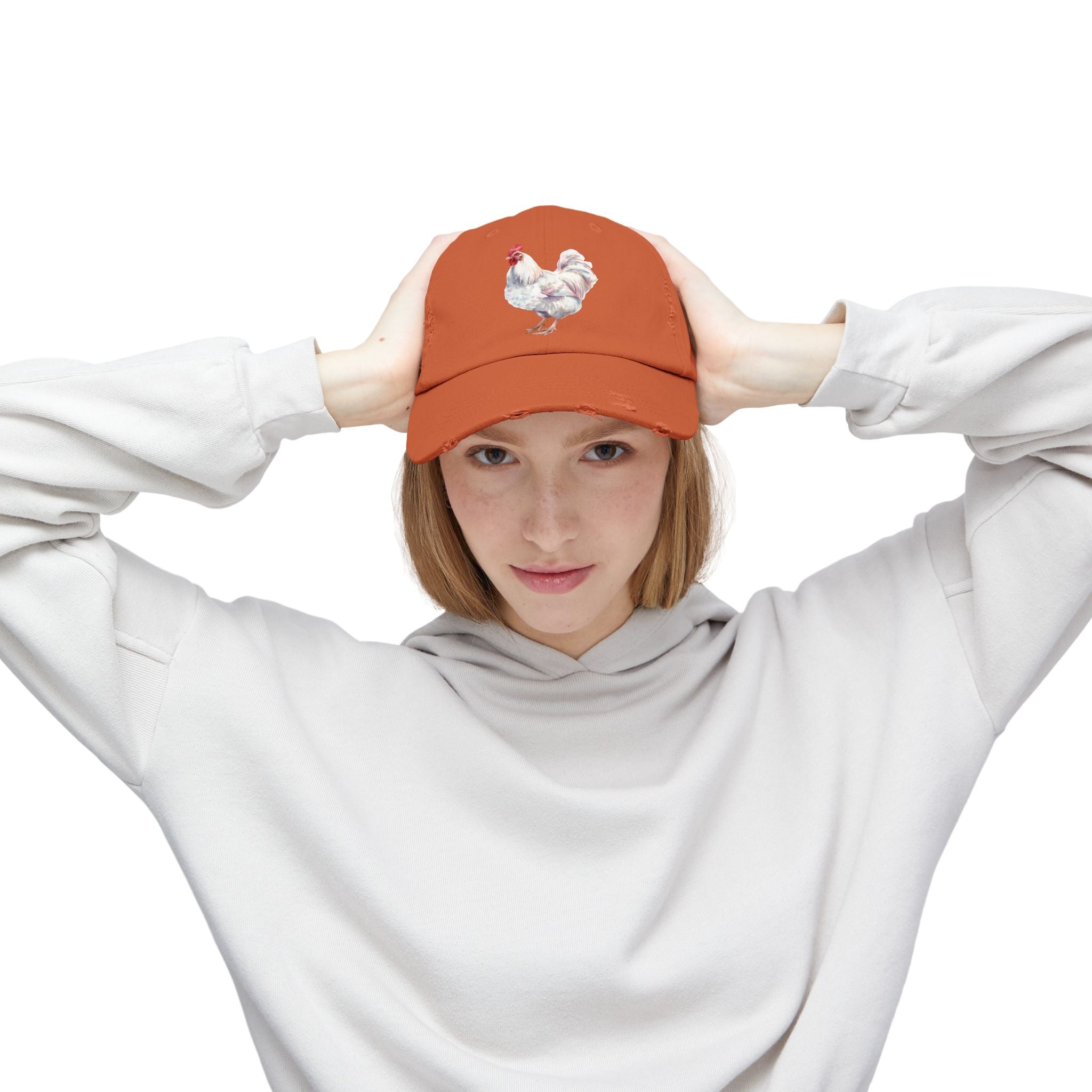 White Rooster Distressed Baseball Cap – Vintage Chicken Hat, Leghorn-Style Rooster, Farmhouse Poultry Cap, Backyard Chicken Keeper Gift