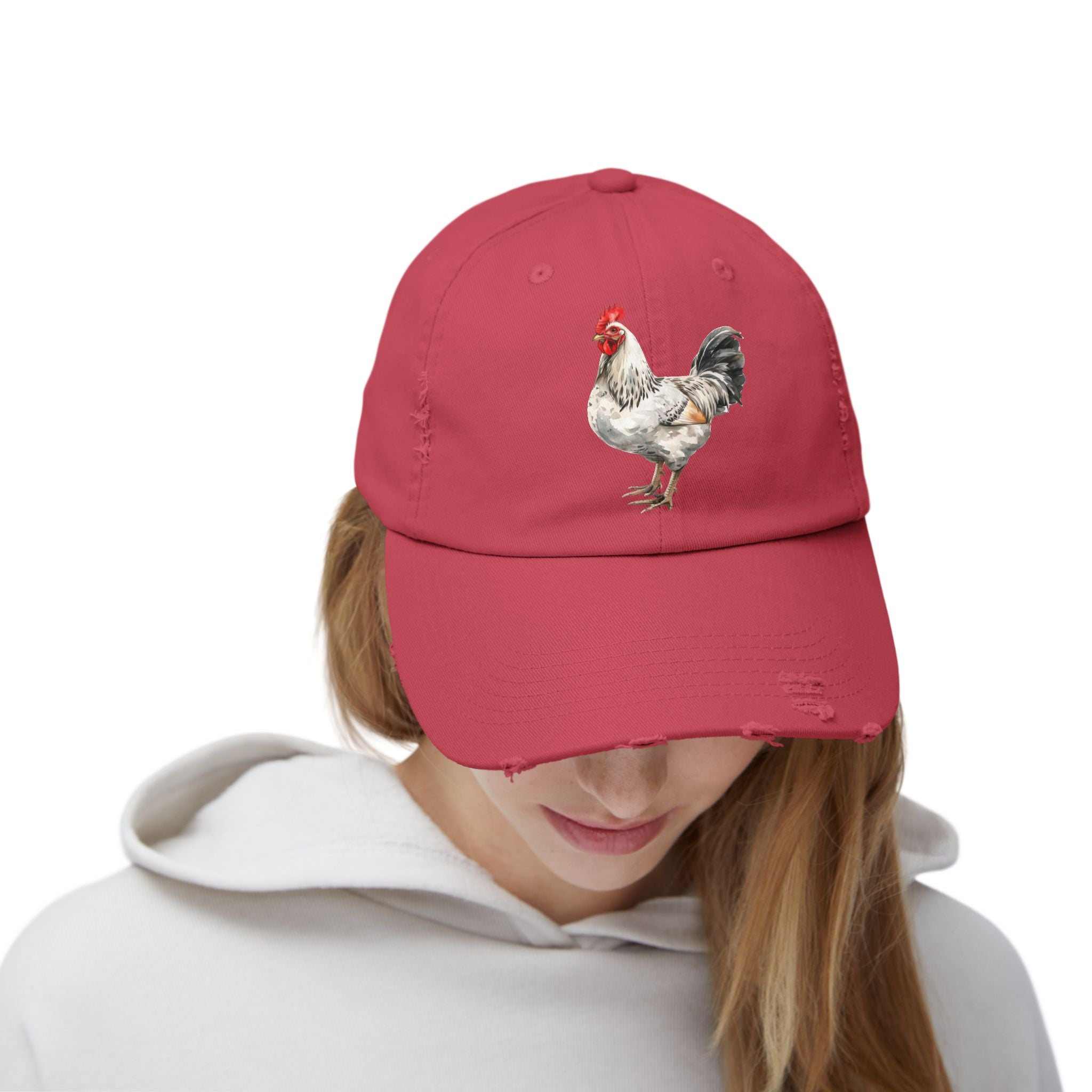 Speckled White Rooster Distressed Baseball Cap – Light Sussex Style Chicken Hat, Vintage Farm Rooster Cap, Backyard Chicken Keeper Gift
