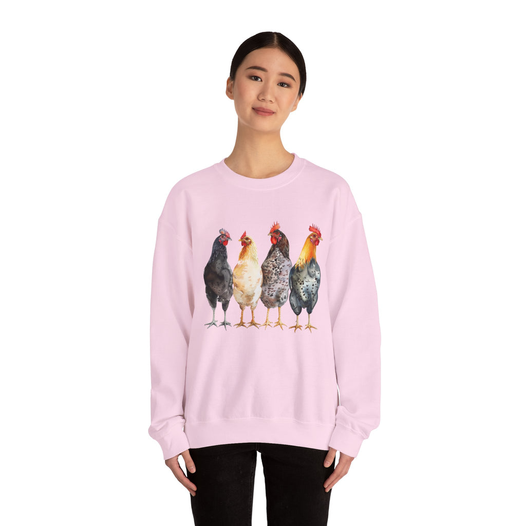 Chicken Flock Sweatshirt – Farmhouse Hen Lineup Crewneck, Cozy Homestead Chicken Mom Pullover, Unisex Gildan 18000