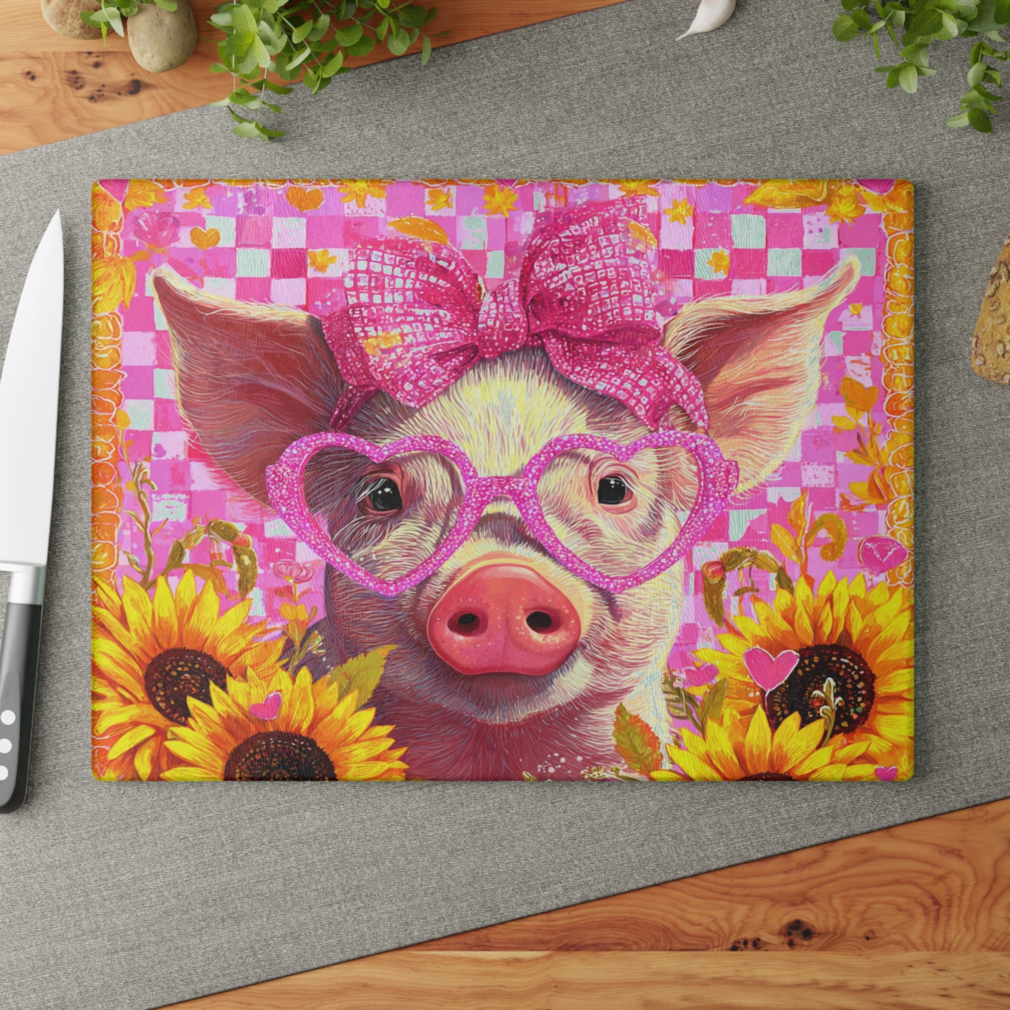 Cute Pink Floral Pig Glass Cutting Board – Farmhouse Sunflower Pig Kitchen Decor, Country Farm Animal Cutting Board, Rustic Homestead Gift