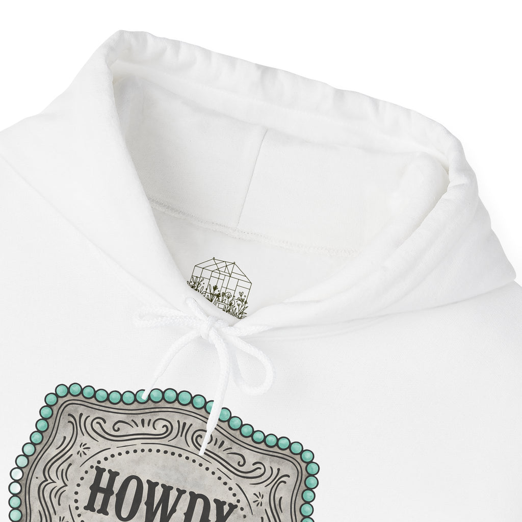 Howdy Turquoise Beaded Rodeo Belt Buckle Hoodie – Unisex Farmhouse Western Sweatshirt | Country Homestead Apparel