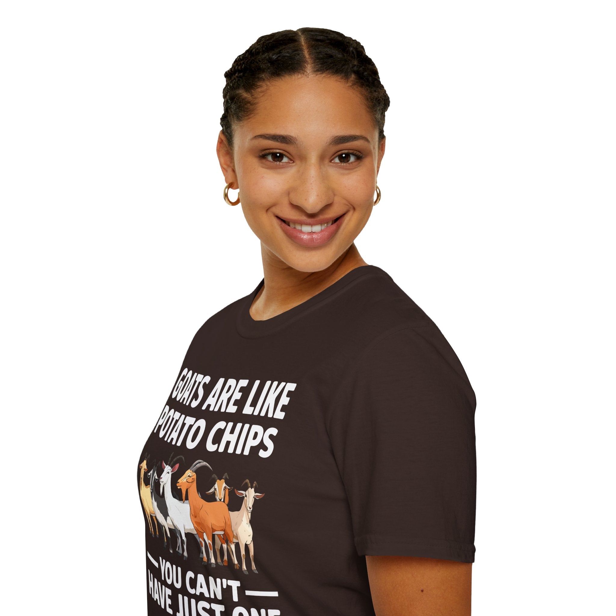 “Goats Are Like Potato Chips – You Can’t Have Just One” Funny Goat Lover Unisex T-Shirt | Farm Life Goat Tee