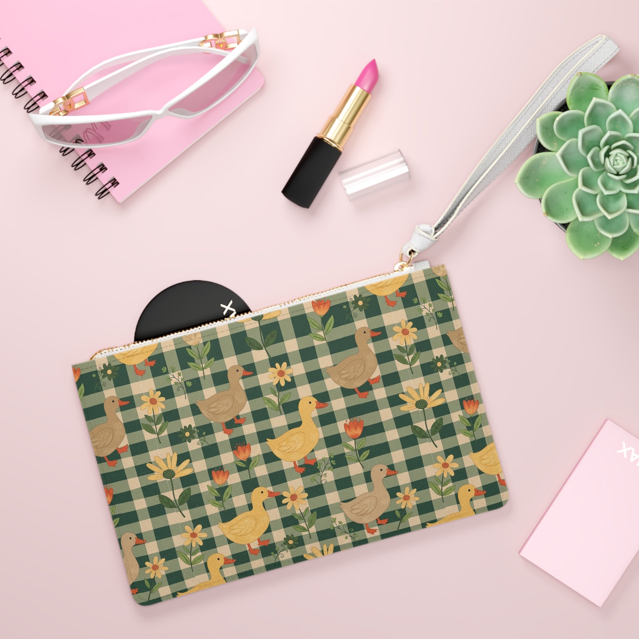 Gingham Goose Clutch Bag | Cottagecore Farmhouse Wristlet Purse | Goose Pattern Makeup Bag | Country Farm Animal Zipper Pouch | Homestead Gift