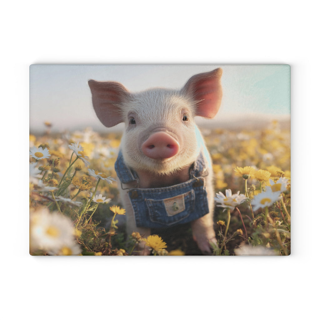 Piglet in Overalls Glass Cutting Board – Cute Farm Pig Kitchen Decor, Baby Pig Farmhouse Cutting Board, Country Homestead Kitchen Gift
