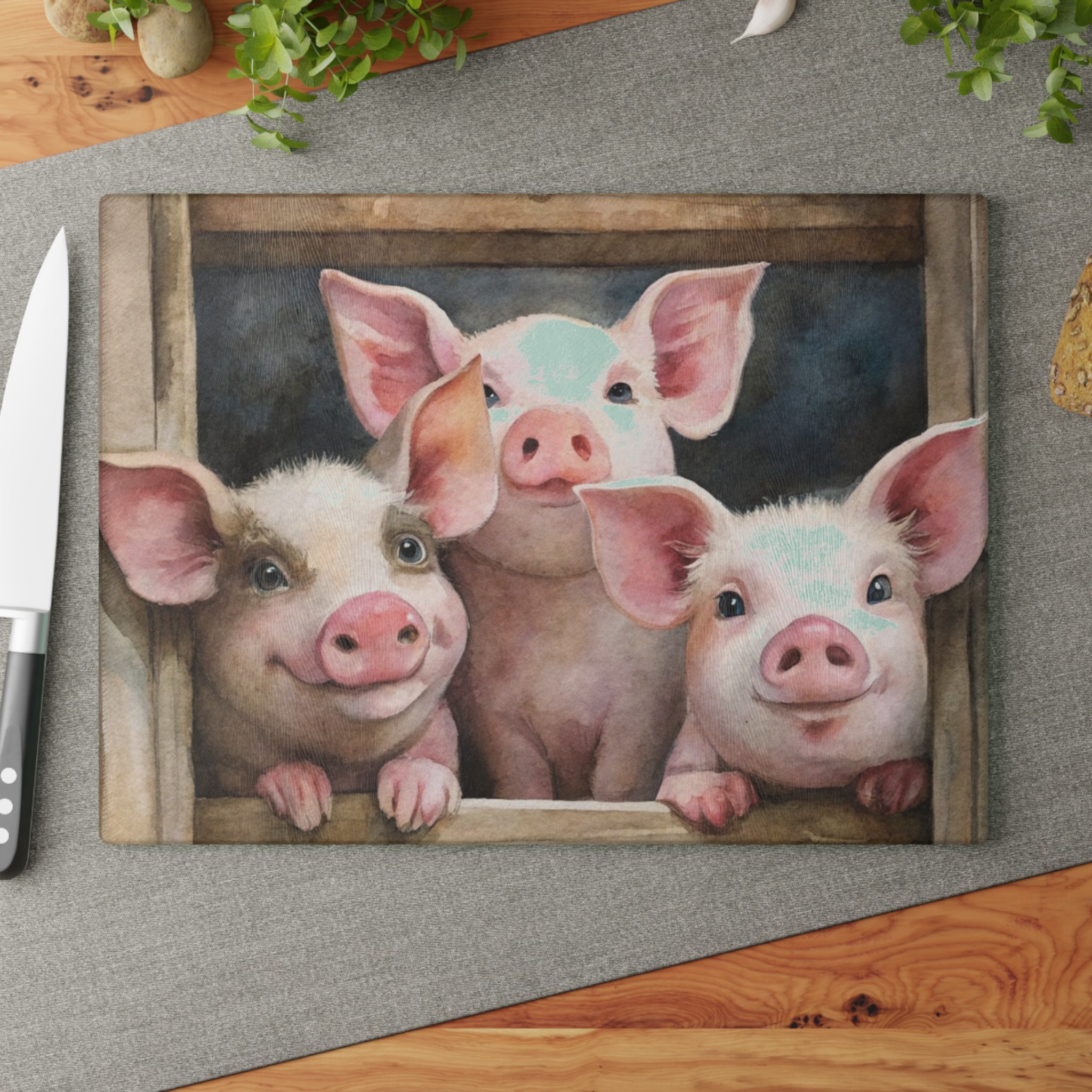Farmhouse Piglet Glass Cutting Board | Cute Pig Kitchen Decor | Rustic Farm Animal Tempered Glass Cutting Board | Gumpert Homestead