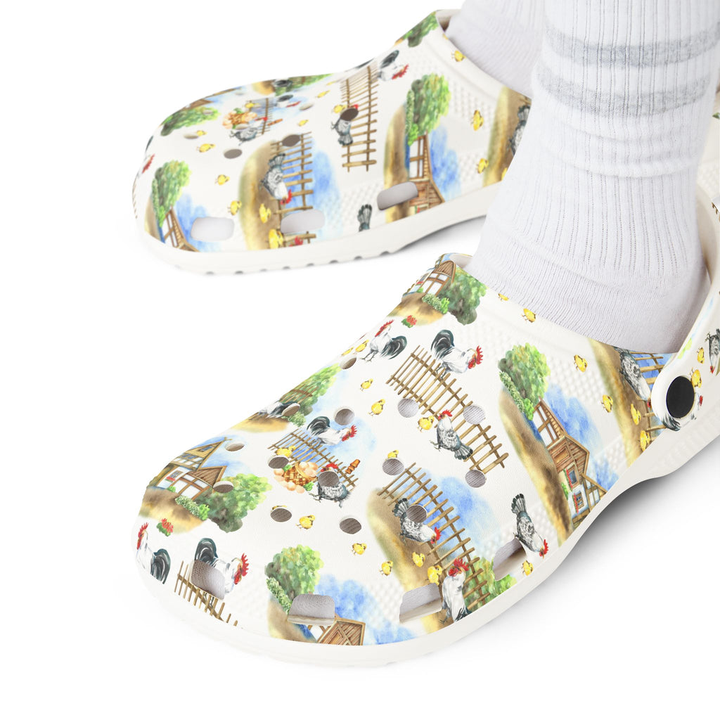 Chicken Farm Family Print EVA Clogs – Farm Life Chicken Shoes, Backyard Chicken Slip-On, Homestead Comfort Clogs