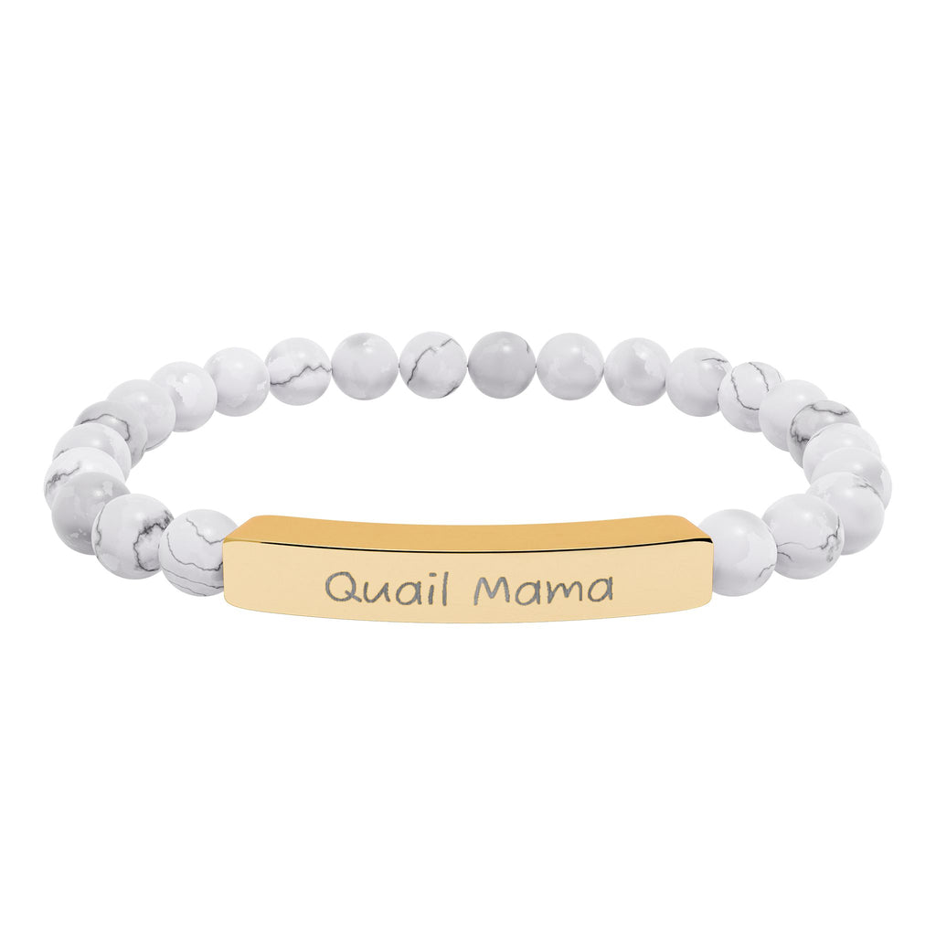 Quail Mama Natural Stone Stretch Bracelet – Engraved Quail Lover Jewelry, Coturnix Quail Gift, Rustic Homestead Bracelet