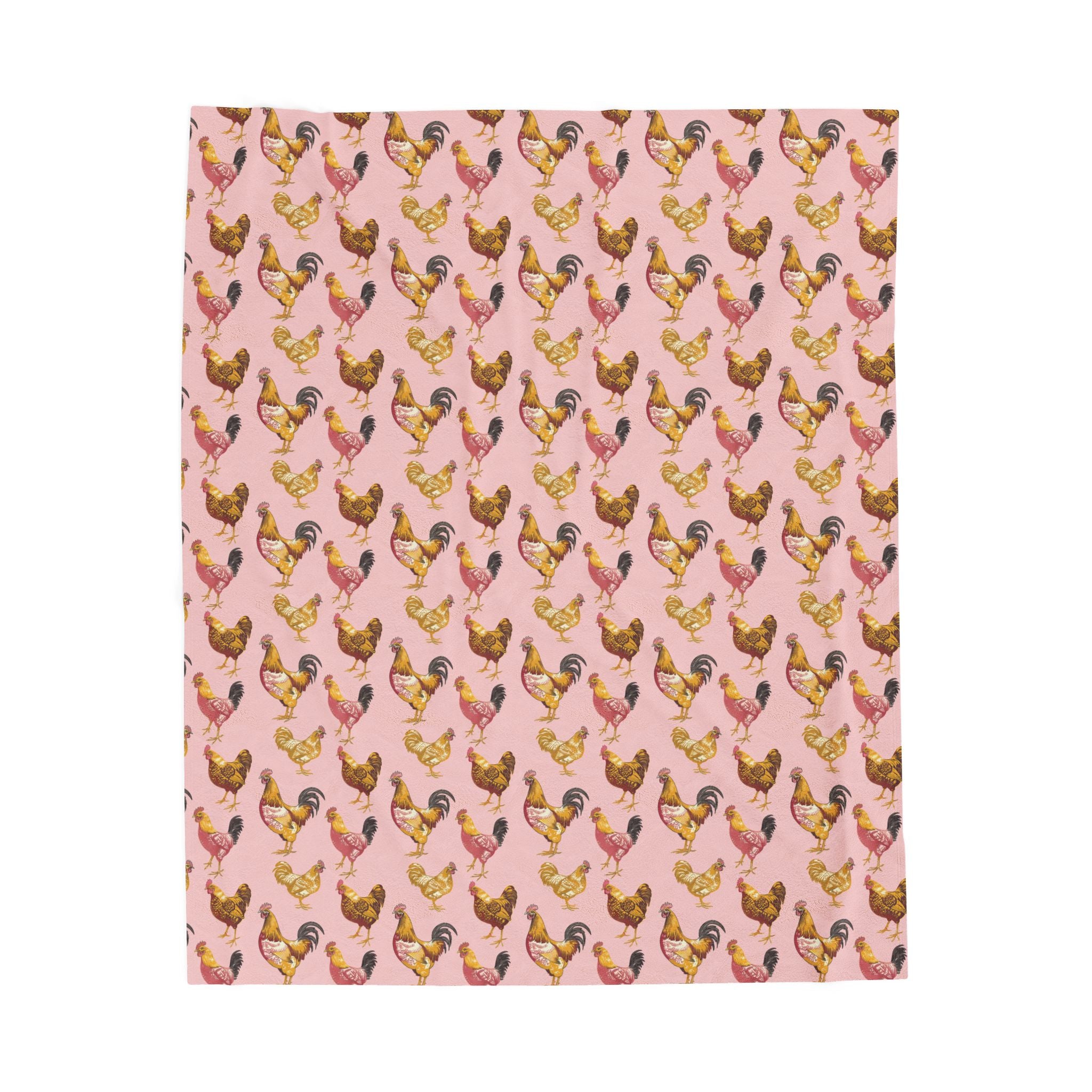 Pink Roosters Velveteen Plush Blanket Vintage Chicken Farmhouse Throw, Cozy Cottagecore Country Home Decor