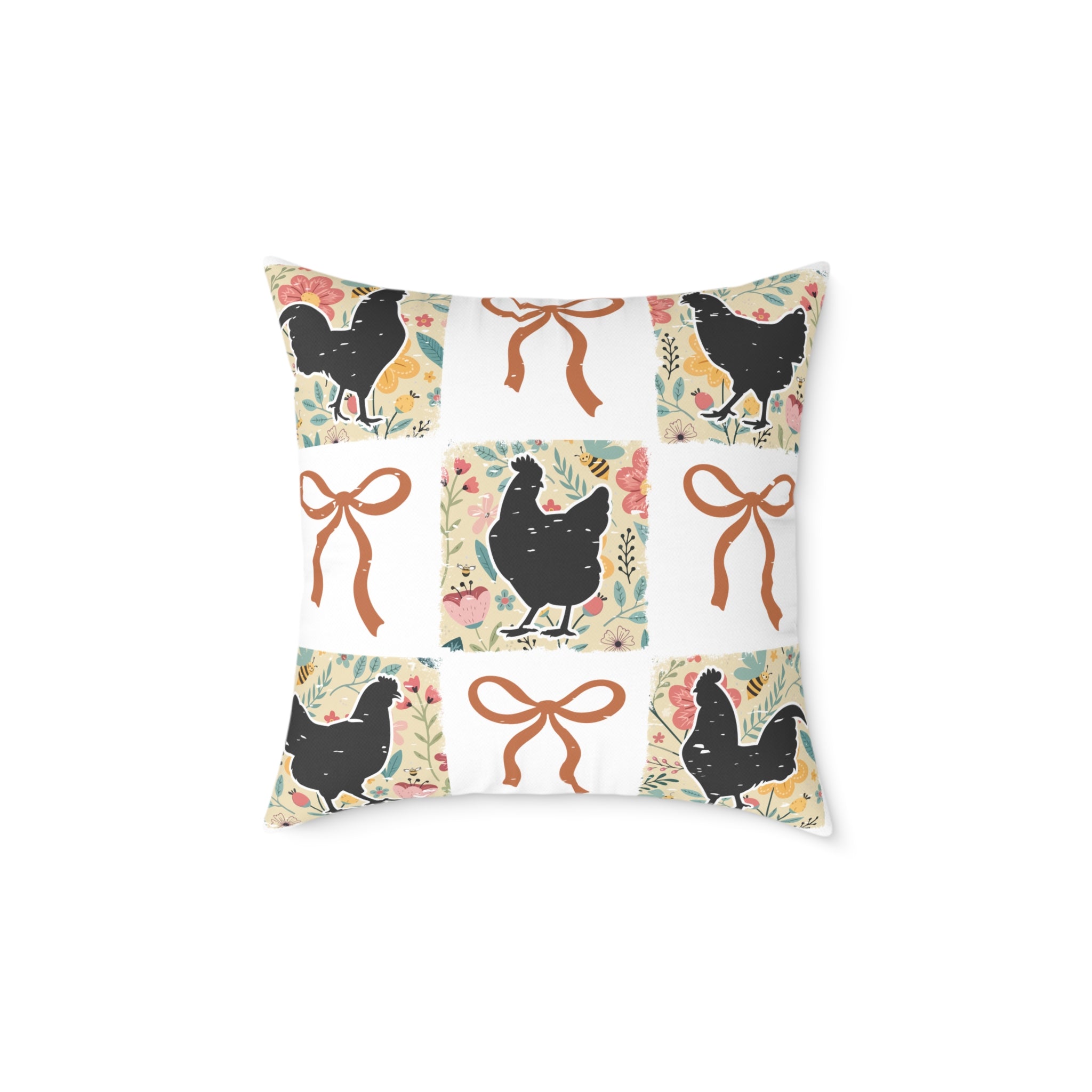Cottagecore Chicken Patchwork Throw Pillow – Farmhouse Chicken & Bow Decor Cushion, Cozy Country Homestead Accent Pillow