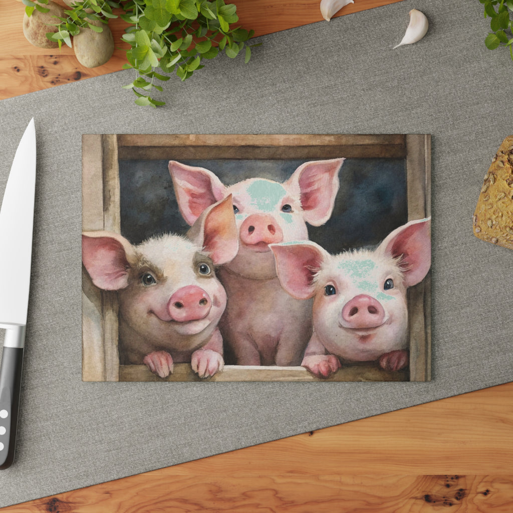 Farmhouse Piglet Glass Cutting Board | Cute Pig Kitchen Decor | Rustic Farm Animal Tempered Glass Cutting Board | Gumpert Homestead