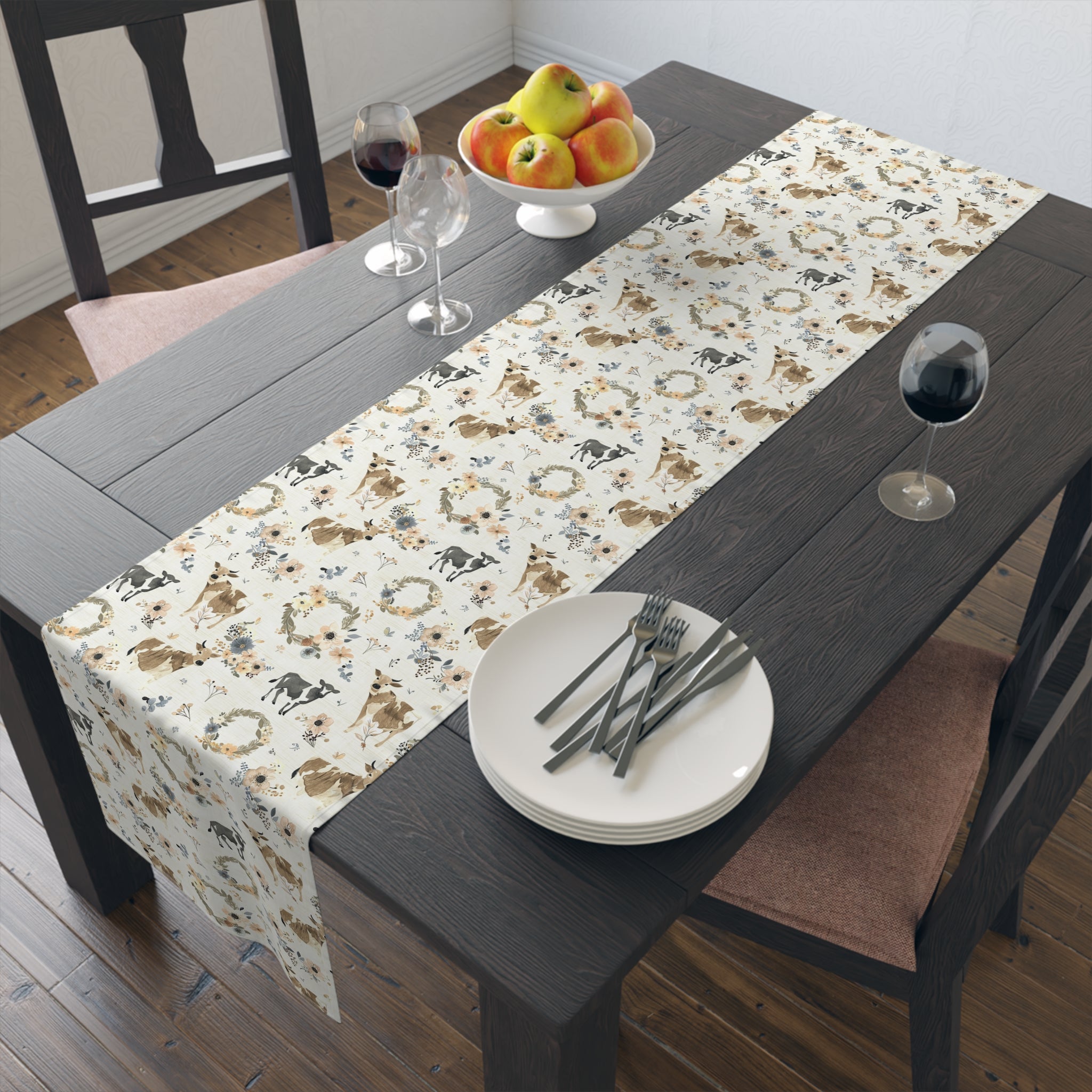 Floral Cow Farmhouse Table Runner | Cottagecore Country Dining Table Decor | Rustic Farm Animal Table Linen | Homestead Kitchen Runner