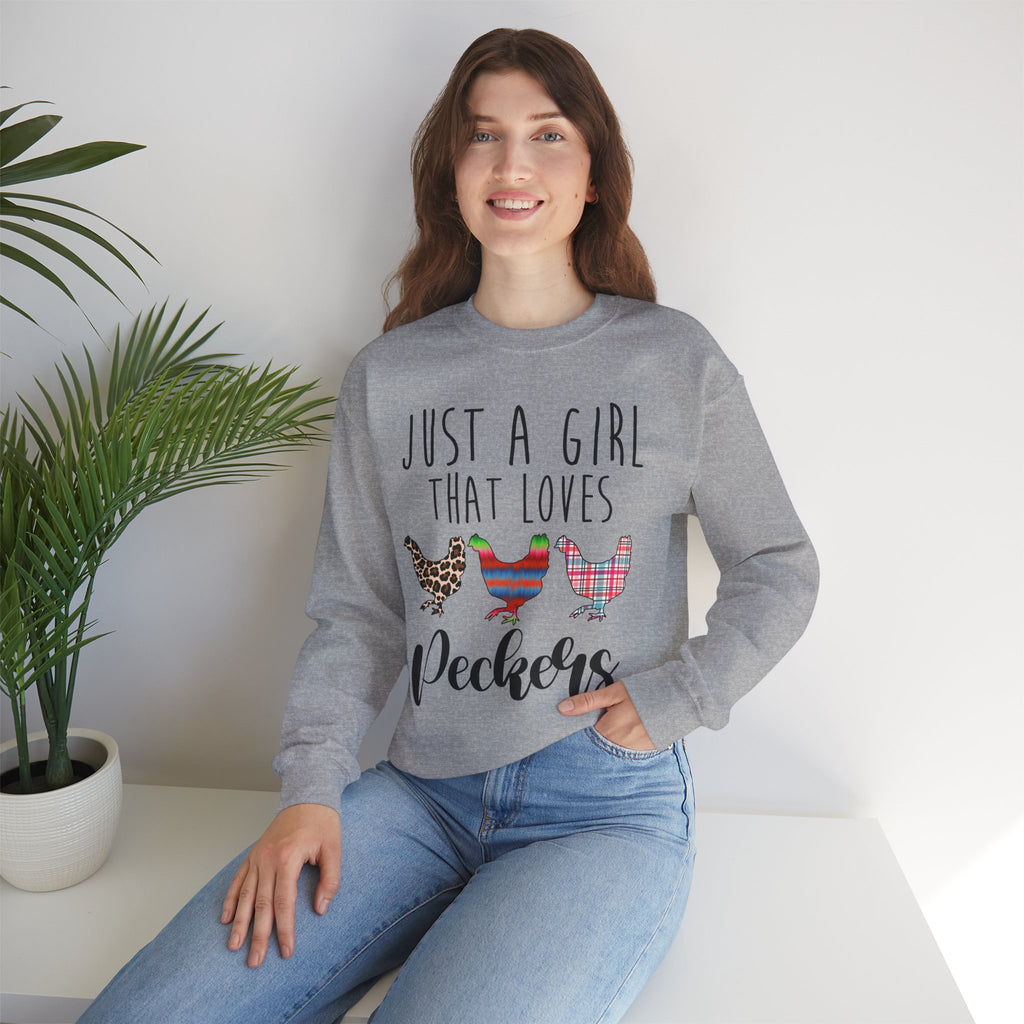 Just a Girl That Loves Peckers Sweatshirt – Funny Chicken Crewneck, Farmhouse Homestead Chicken Mom Pullover