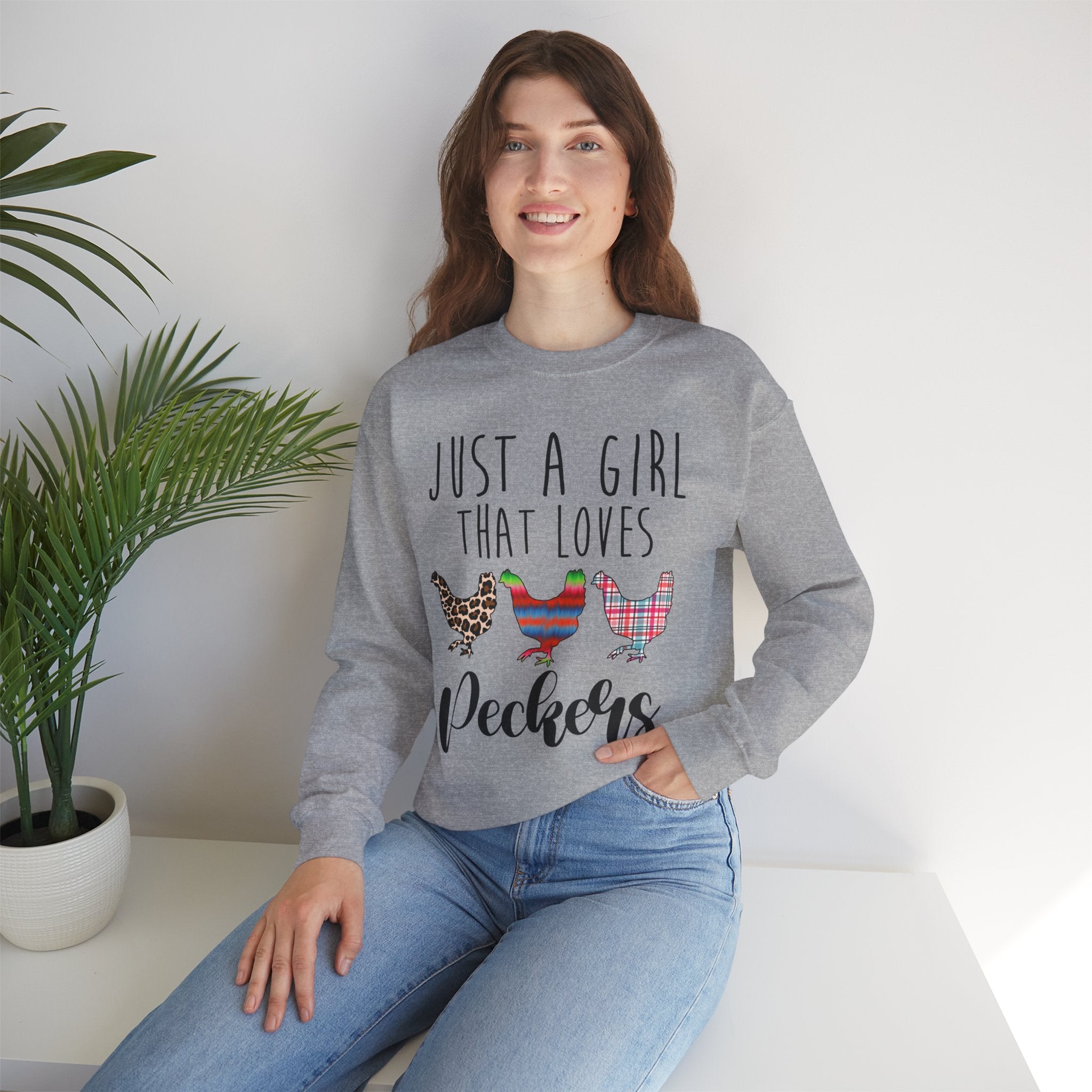 Just a Girl That Loves Peckers Sweatshirt – Funny Chicken Crewneck, Farmhouse Homestead Chicken Mom Pullover