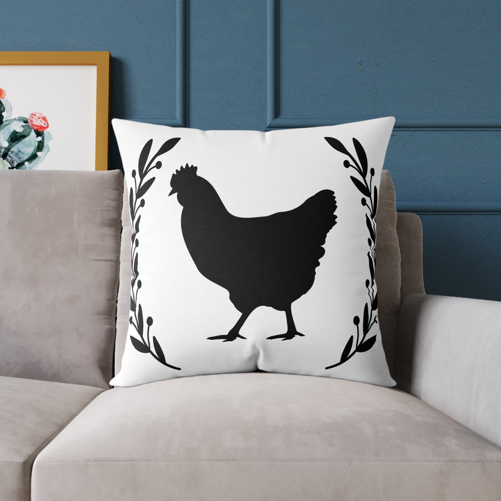Farmhouse Chicken Silhouette Throw Pillow – Rustic Chicken Decor Cushion, Neutral Country Homestead Accent Pillow