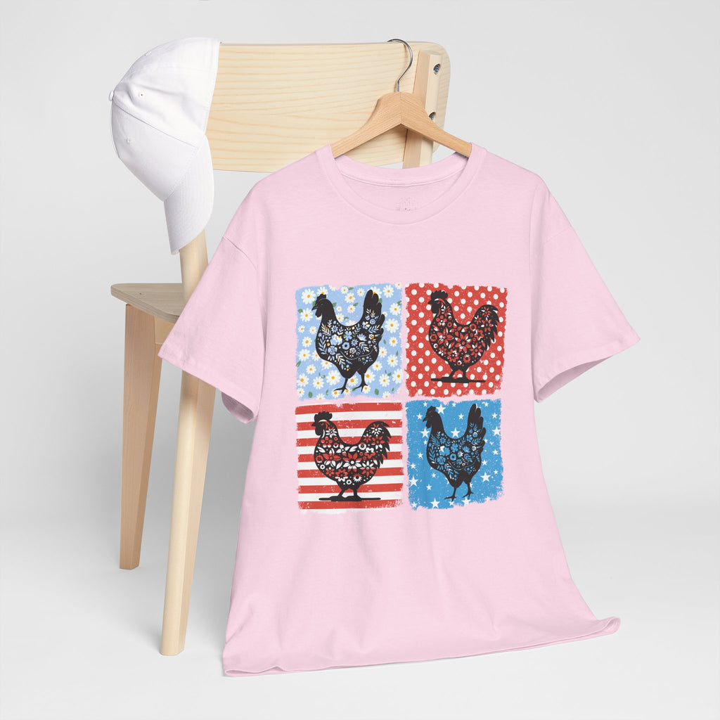 Patchwork Chicken Farm T-Shirt | Farmhouse Hen Graphic Tee | Patriotic Chicken Shirt | Country Homestead Apparel | Backyard Chicken Lover Gift