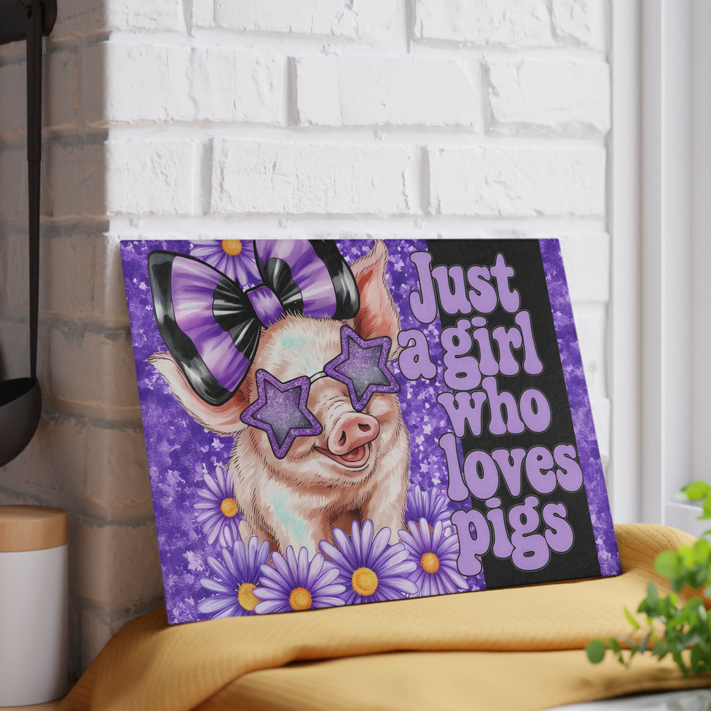 “Just a Girl Who Loves Pigs” Glass Cutting Board – Purple Floral Pig Kitchen Decor, Farmhouse Pig Lover Gift, Country Homestead Cutting Board