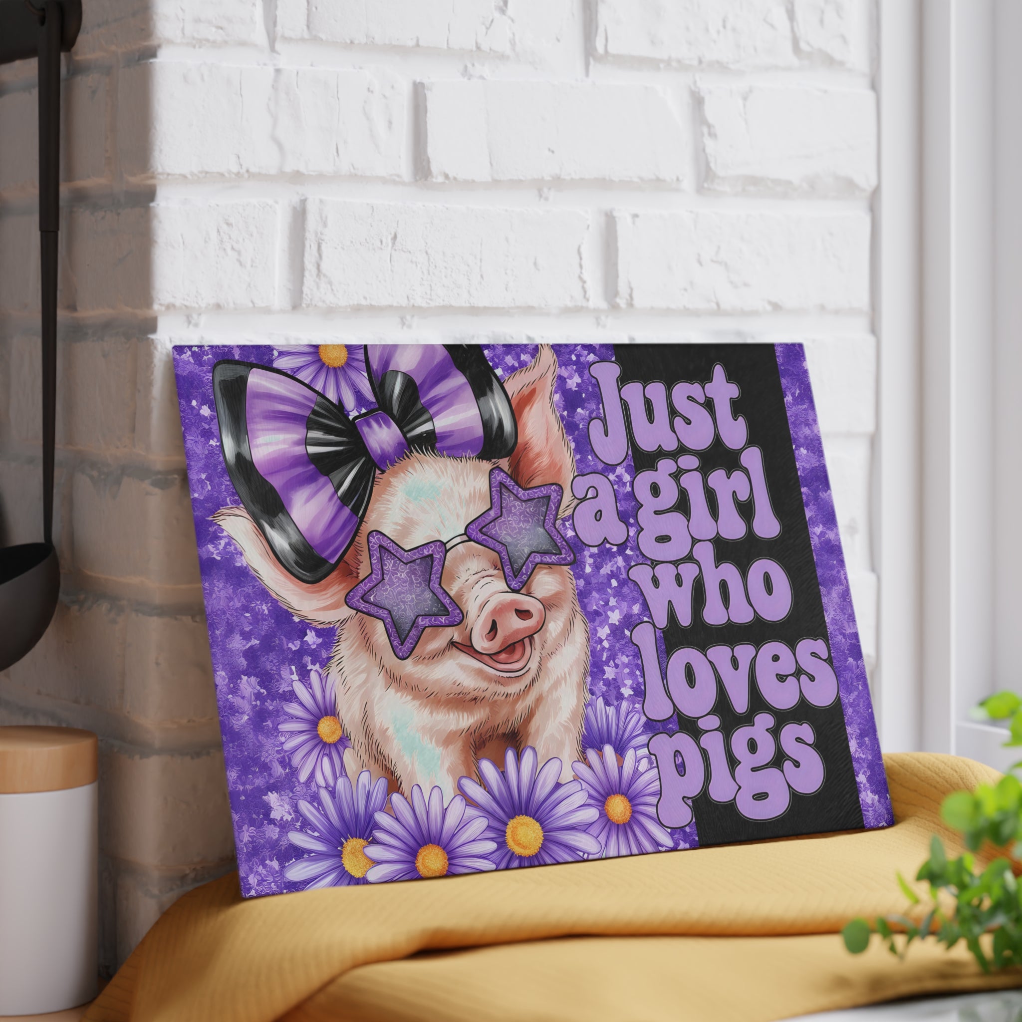 “Just a Girl Who Loves Pigs” Glass Cutting Board – Purple Floral Pig Kitchen Decor, Farmhouse Pig Lover Gift, Country Homestead Cutting Board