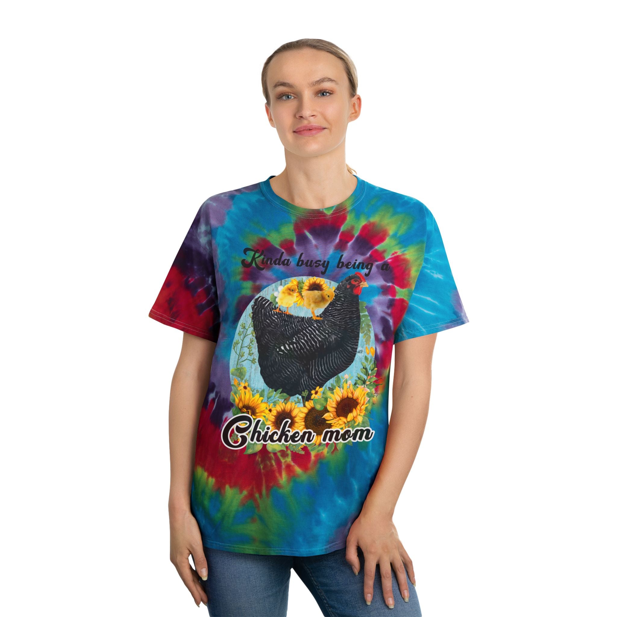 Kinda Busy Being a Chicken Mom Tie-Dye T-Shirt – Funny Chicken Mama Tee, Sunflower Farm Shirt, Backyard Chicken Lover Apparel