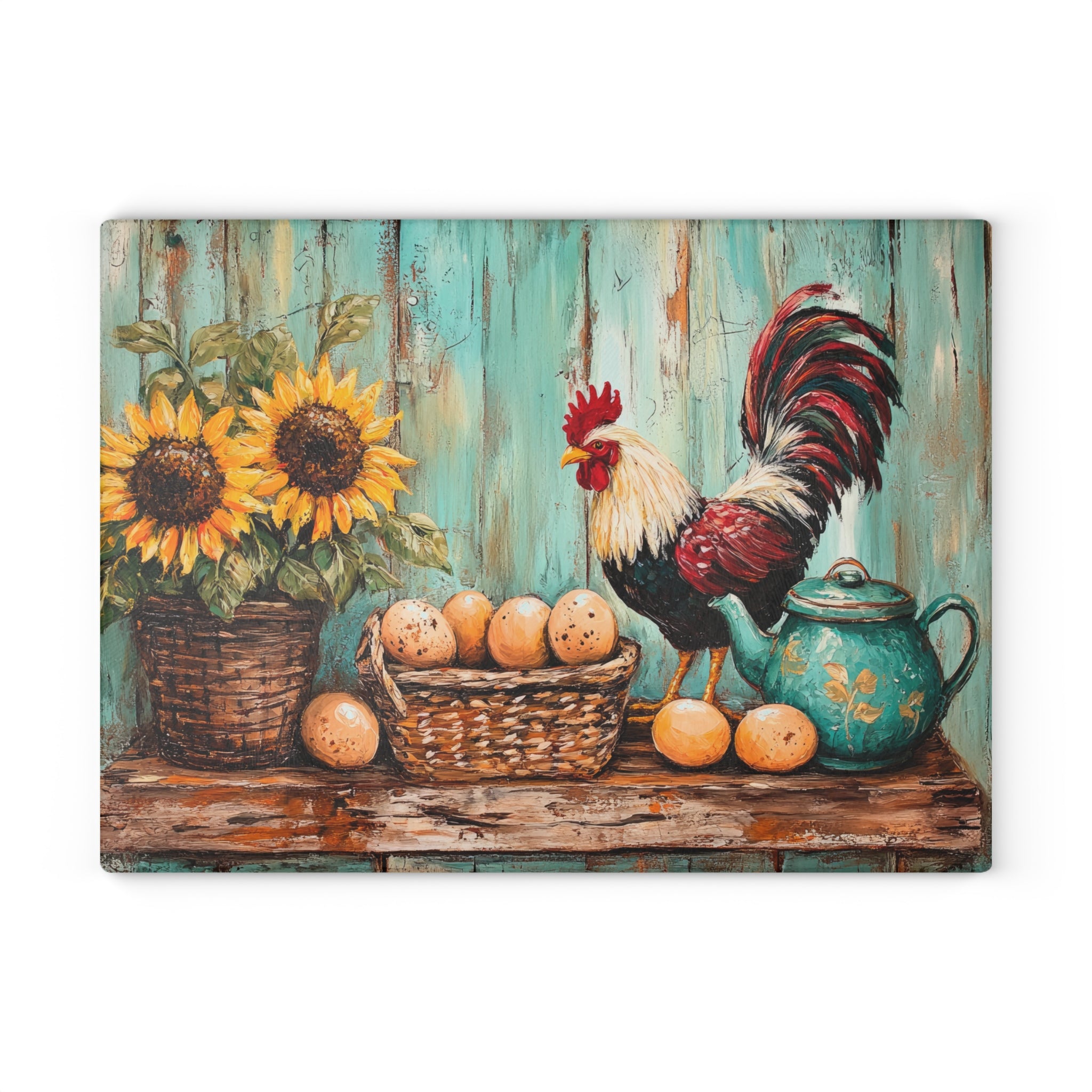 Vintage Rooster Glass Cutting Board | Rustic Farmhouse Chicken Kitchen Decor | Sunflower & Egg Tempered Glass Cutting Board | Gumpert Homestead