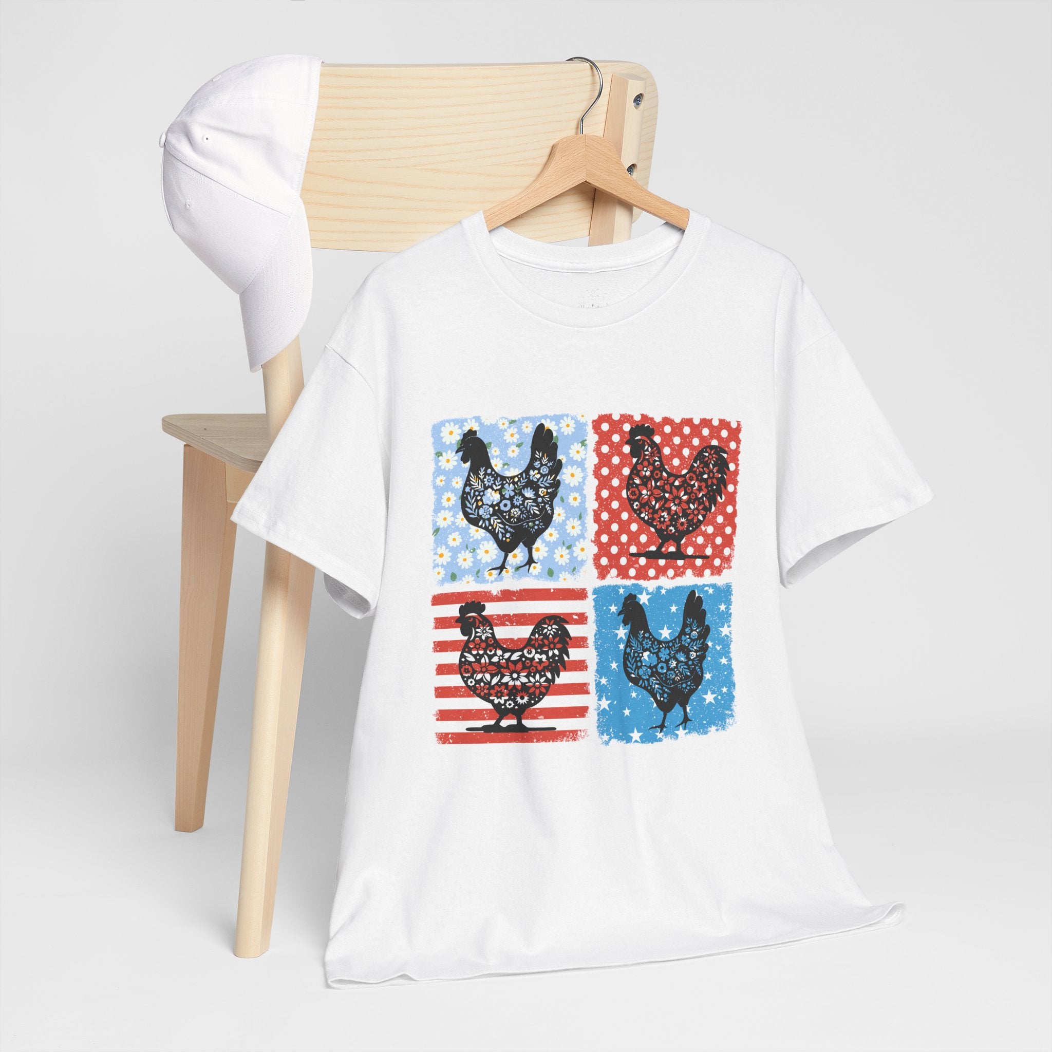Patchwork Chicken Farm T-Shirt | Farmhouse Hen Graphic Tee | Patriotic Chicken Shirt | Country Homestead Apparel | Backyard Chicken Lover Gift