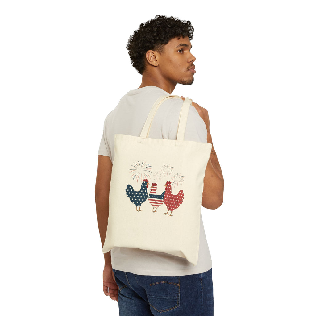 Patriotic Chicken Tote Bag – Red White Blue Farm Hen Canvas Bag, Fourth of July Chicken Market Tote, Farmhouse Country Reusable Shopping Bag, Homestead Farm Gift